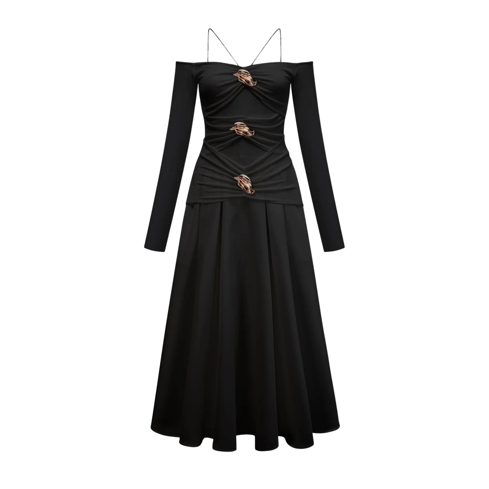 Black Off - Shoulder Maxi Dress with Gold Embellishments Nadine off-shoulder panelled maxi dress in Black Evening Dress