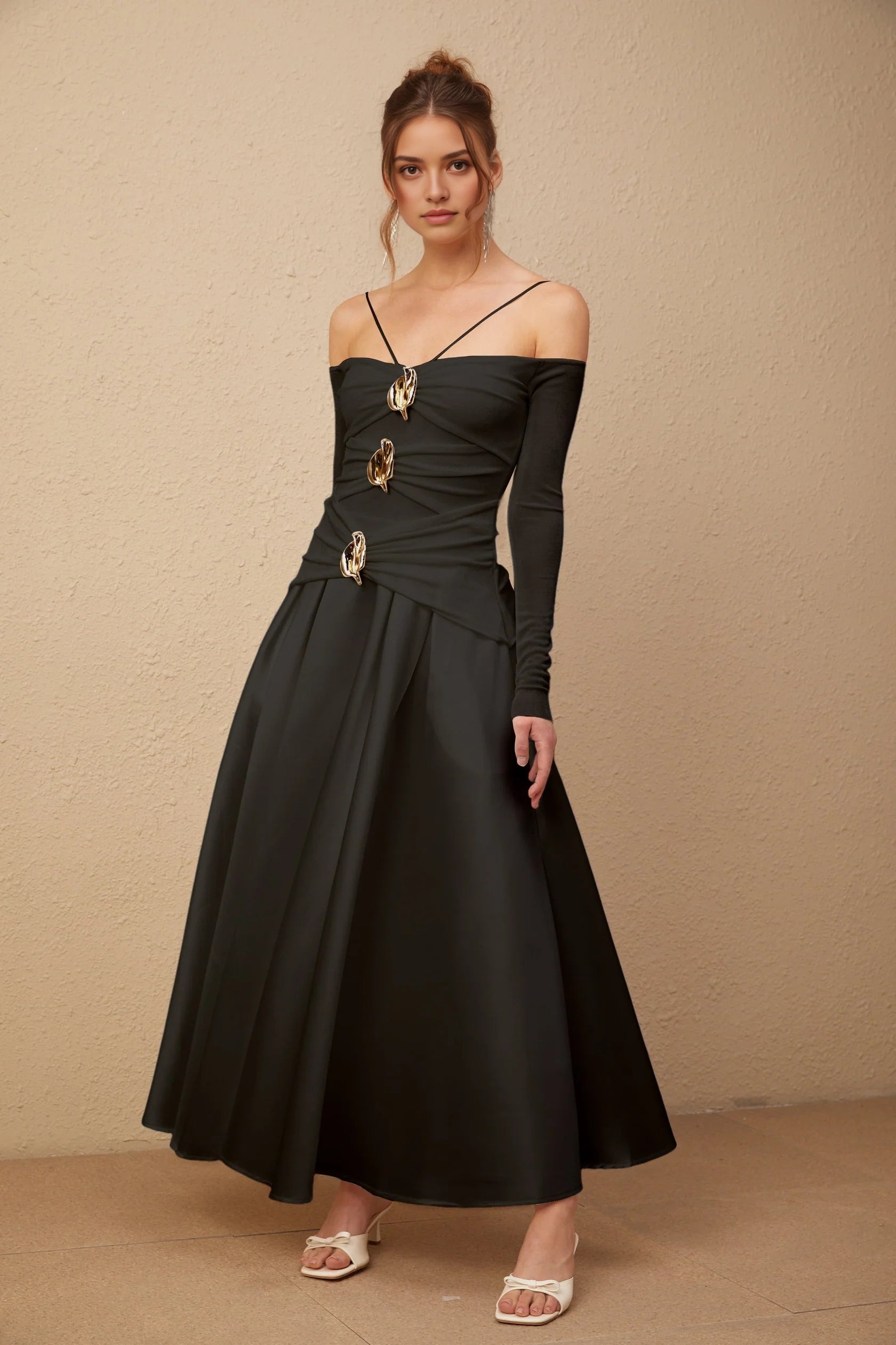 Black Off - Shoulder Maxi Dress with Gold Embellishments Nadine off-shoulder panelled maxi dress in Black Evening Dress