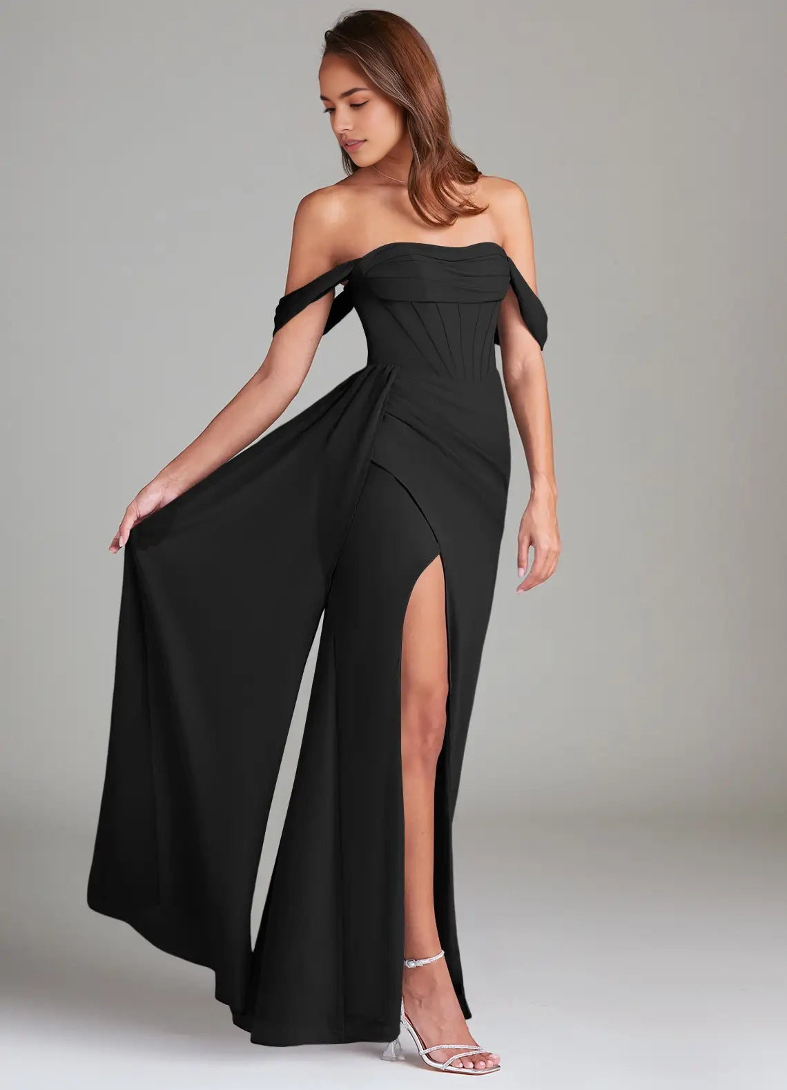 Black Off-Shoulder Maxi Dress with Side Slit and Corset Detail Black Sheath Off the Shoulder Chiffon Convertible Dress Dress Bridesmaid Dresses