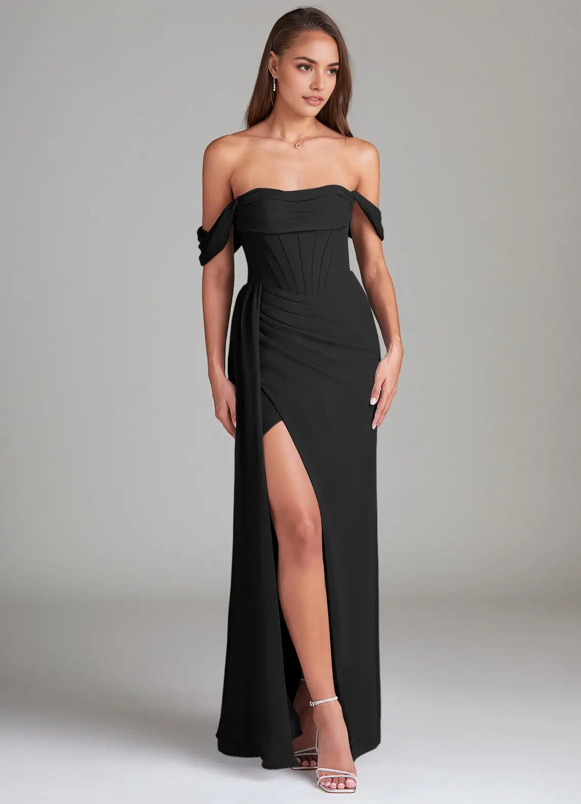 Black Off-Shoulder Maxi Dress with Side Slit and Corset Detail Black Sheath Off the Shoulder Chiffon Convertible Dress Dress Bridesmaid Dresses