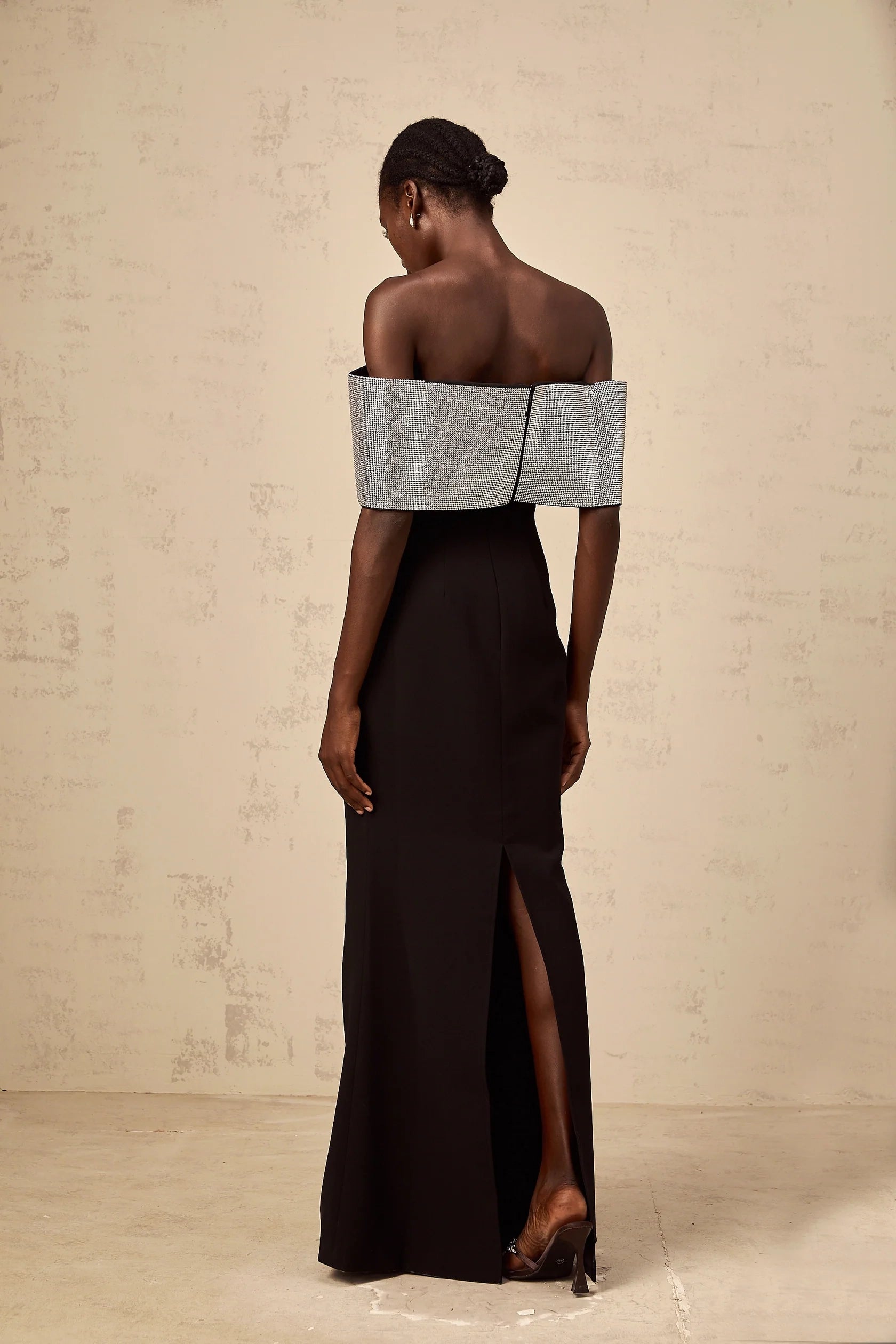 Black Off - Shoulder Maxi Dress with Silver Bow Detail black rhinestone-bow off-shoulder maxi dress Evening Dress