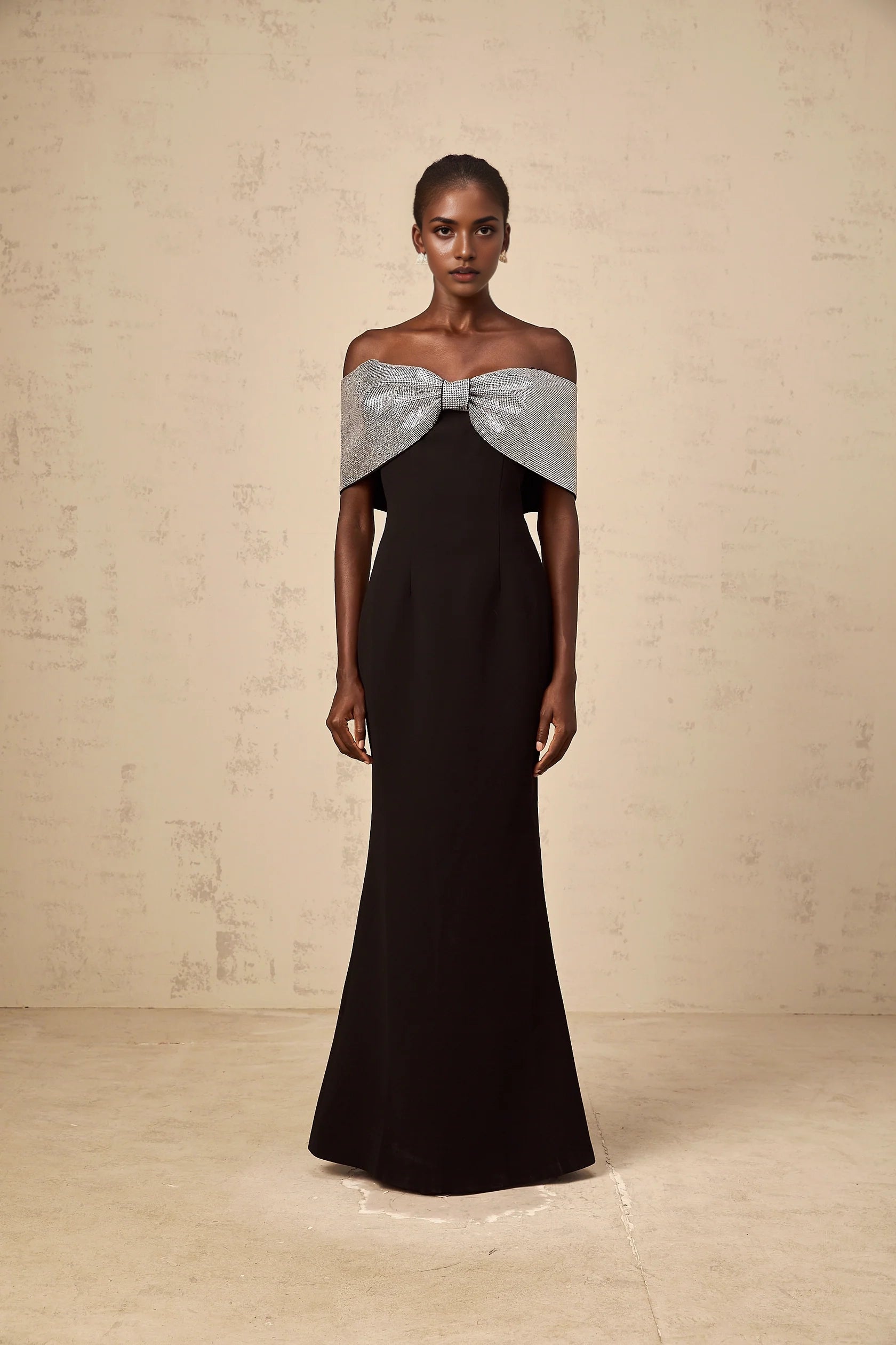 Black Off - Shoulder Maxi Dress with Silver Bow Detail black rhinestone-bow off-shoulder maxi dress Evening Dress