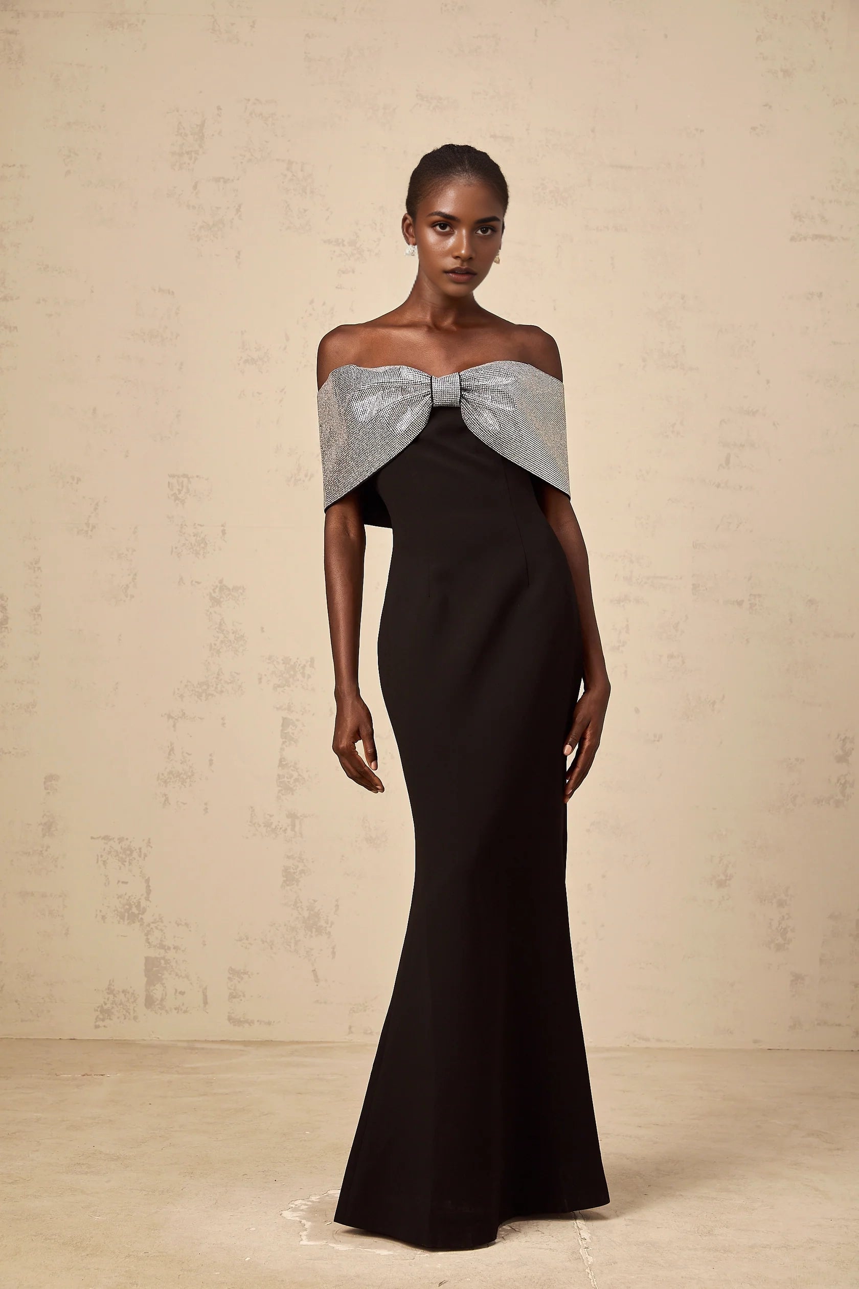 Black Off - Shoulder Maxi Dress with Silver Bow Detail black rhinestone-bow off-shoulder maxi dress Evening Dress