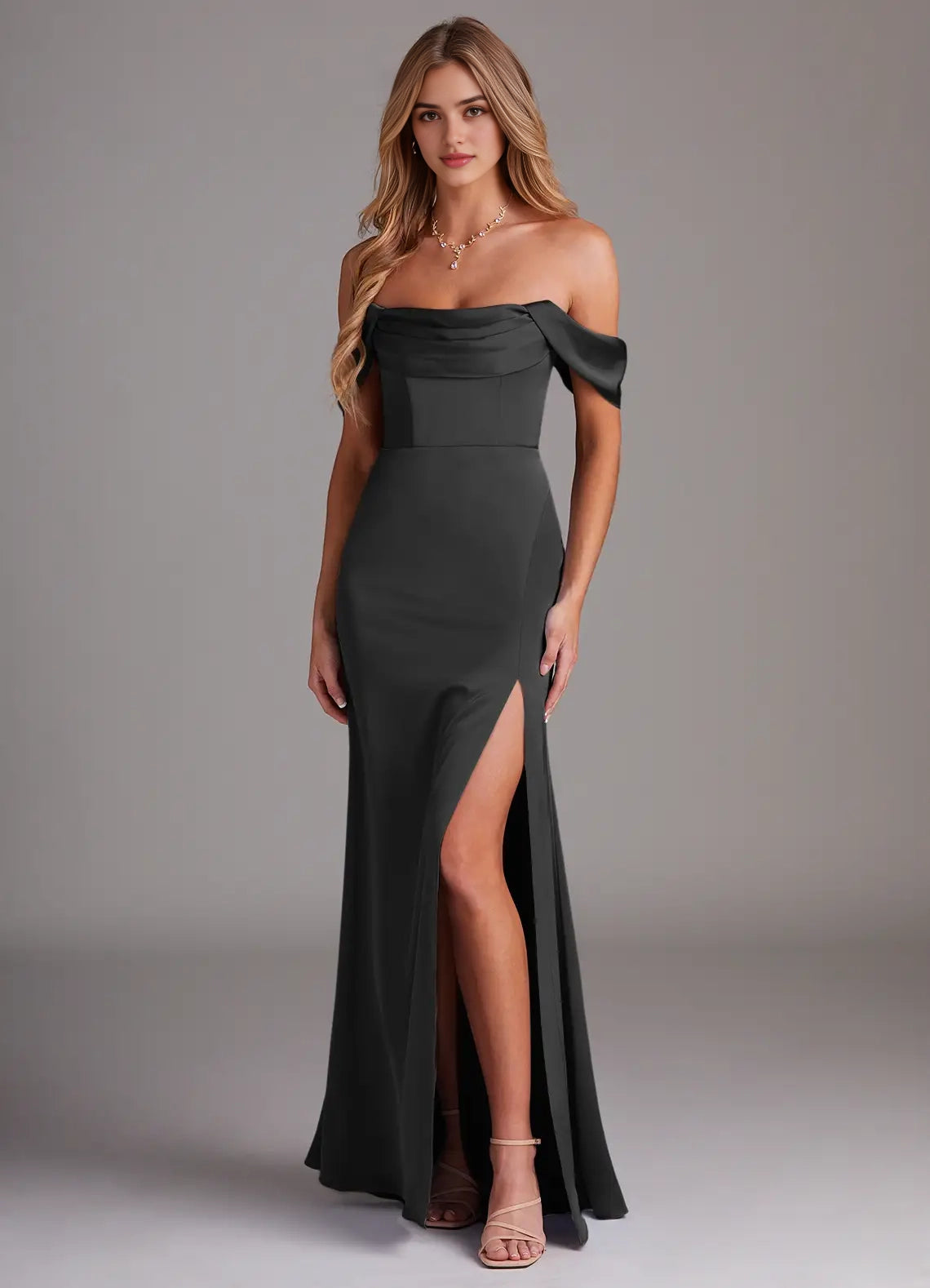 Black Off-Shoulder Mermaid Maxi Dress with Side Slit Black Sheath Off the Shoulder Stretch Satin Dress Bridesmaid Dresses
