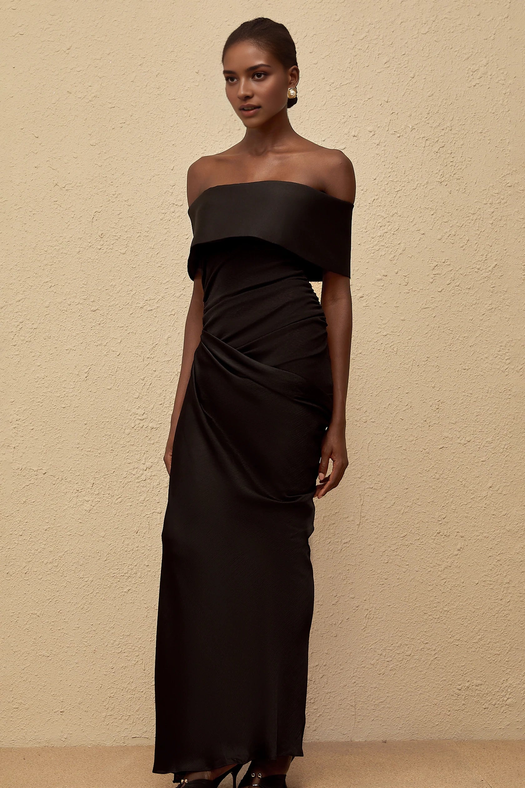 Black Off - Shoulder Ruched Maxi Dress Black Off-Shoulder Satin Maxi Dress