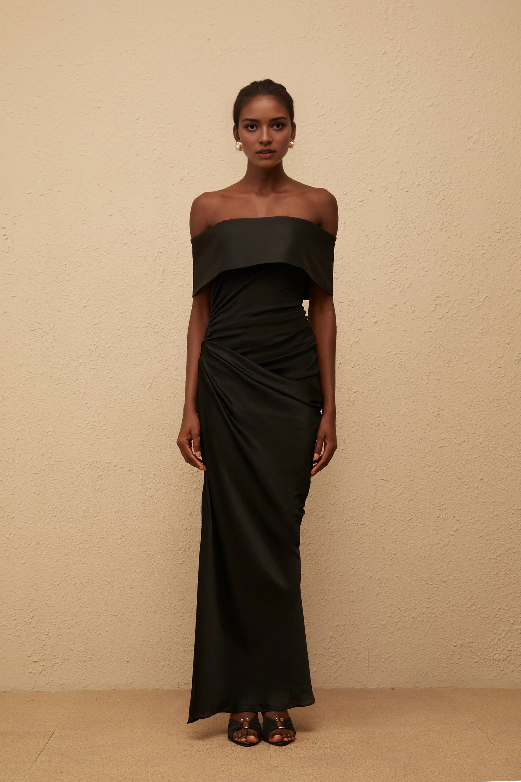 Black Off - Shoulder Ruched Maxi Dress Black Off-Shoulder Satin Maxi Dress