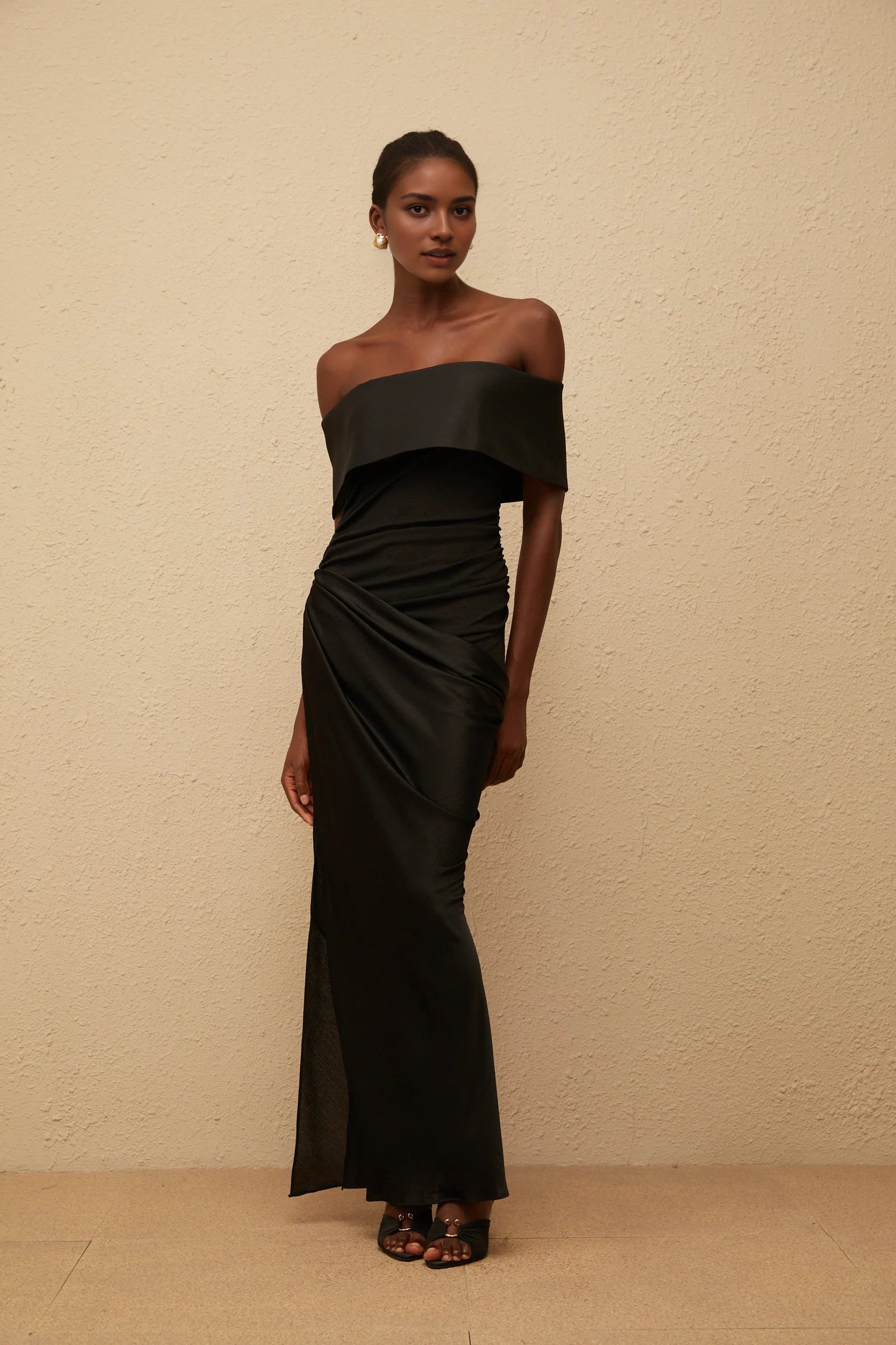 Black Off - Shoulder Ruched Maxi Dress Black Off-Shoulder Satin Maxi Dress