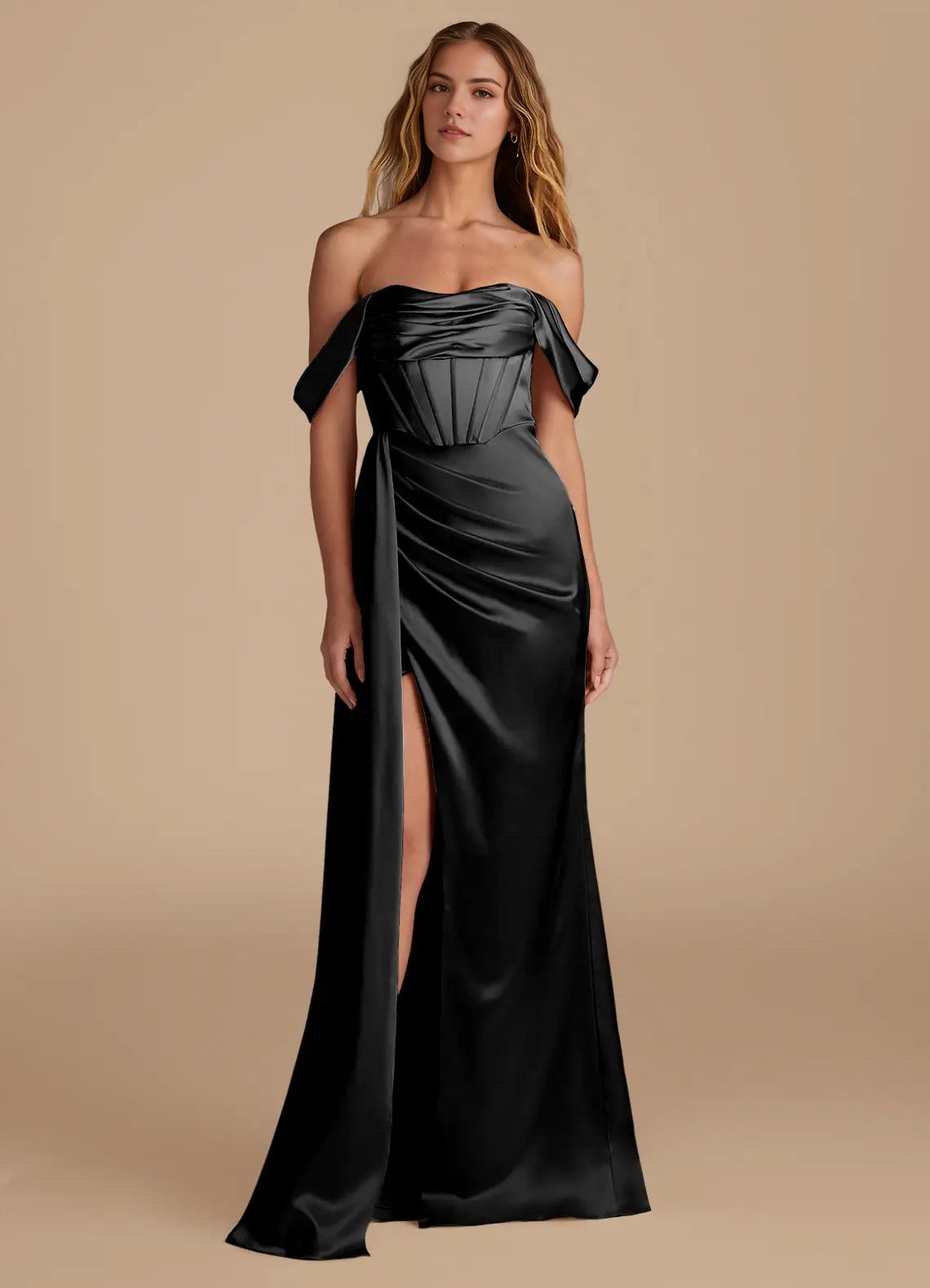 Black Off-Shoulder Satin Maxi Dress with High Side Slit Mermaid Sweetheart Neckline Metallic Satin Convertible Dress Bridesmaid Dresses
