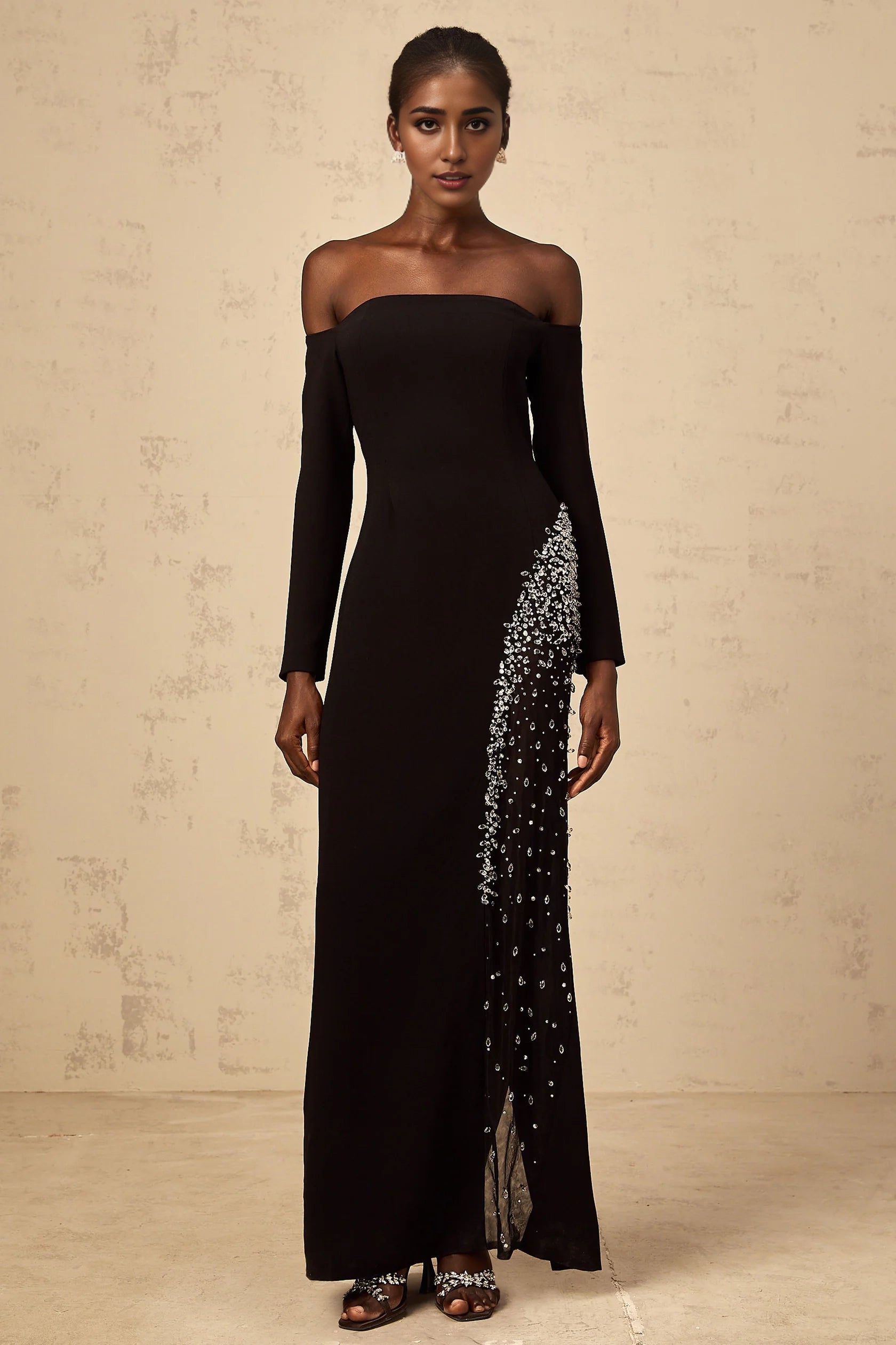 Black Off - Shoulder Sequin Embellished Maxi Dress Hyacinthe black mesh-panel embellished maxi dress Evening Dress
