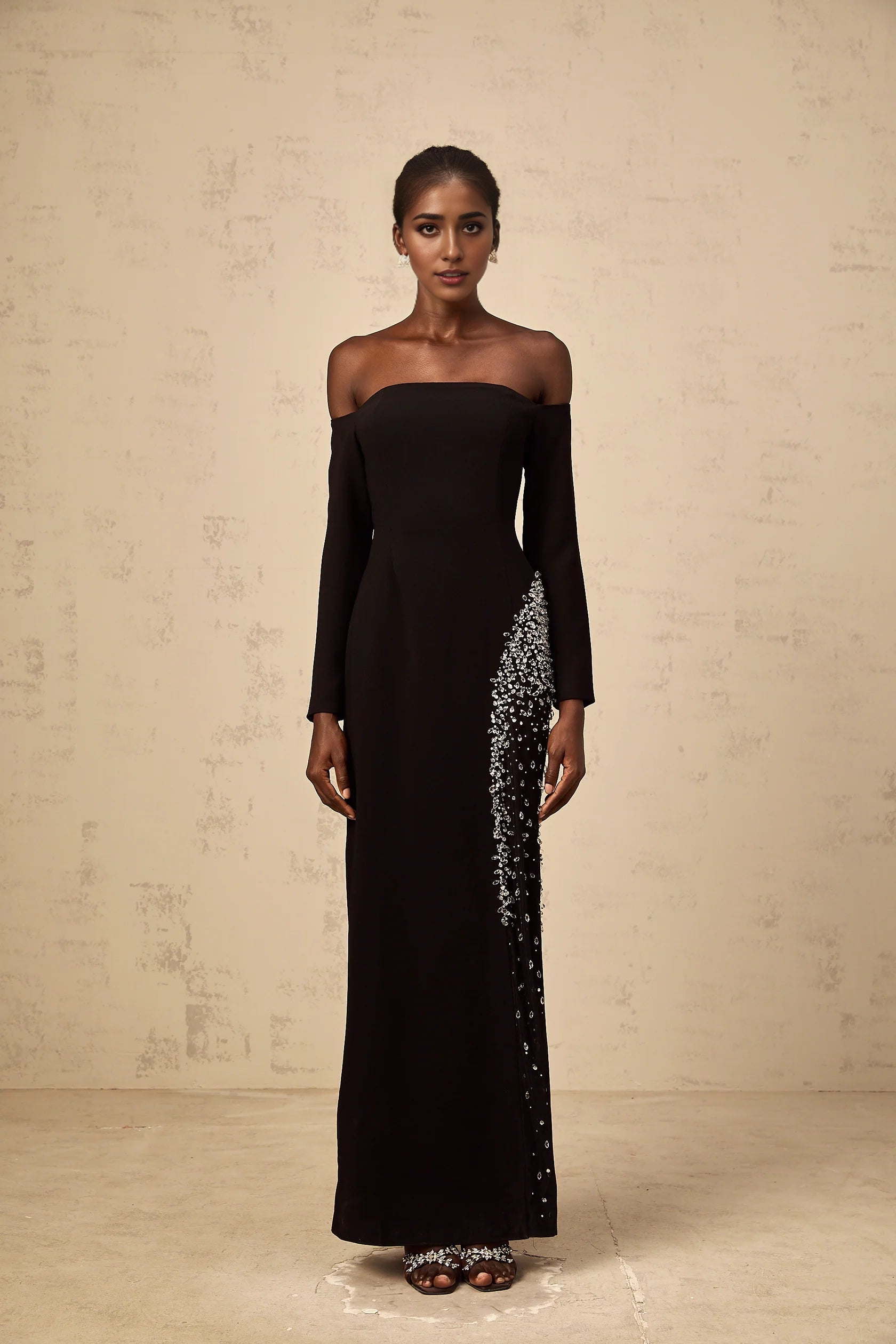 Black Off - Shoulder Sequin Embellished Maxi Dress Hyacinthe black mesh-panel embellished maxi dress Evening Dress