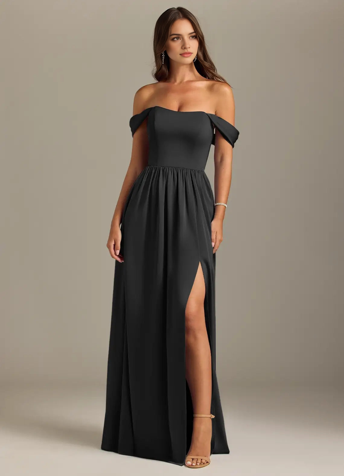 Black Off-Shoulder Spaghetti Strap Maxi Dress Black A-Line Off the Shoulder Stretch Satin Convertible Dress Bridesmaid Dresses