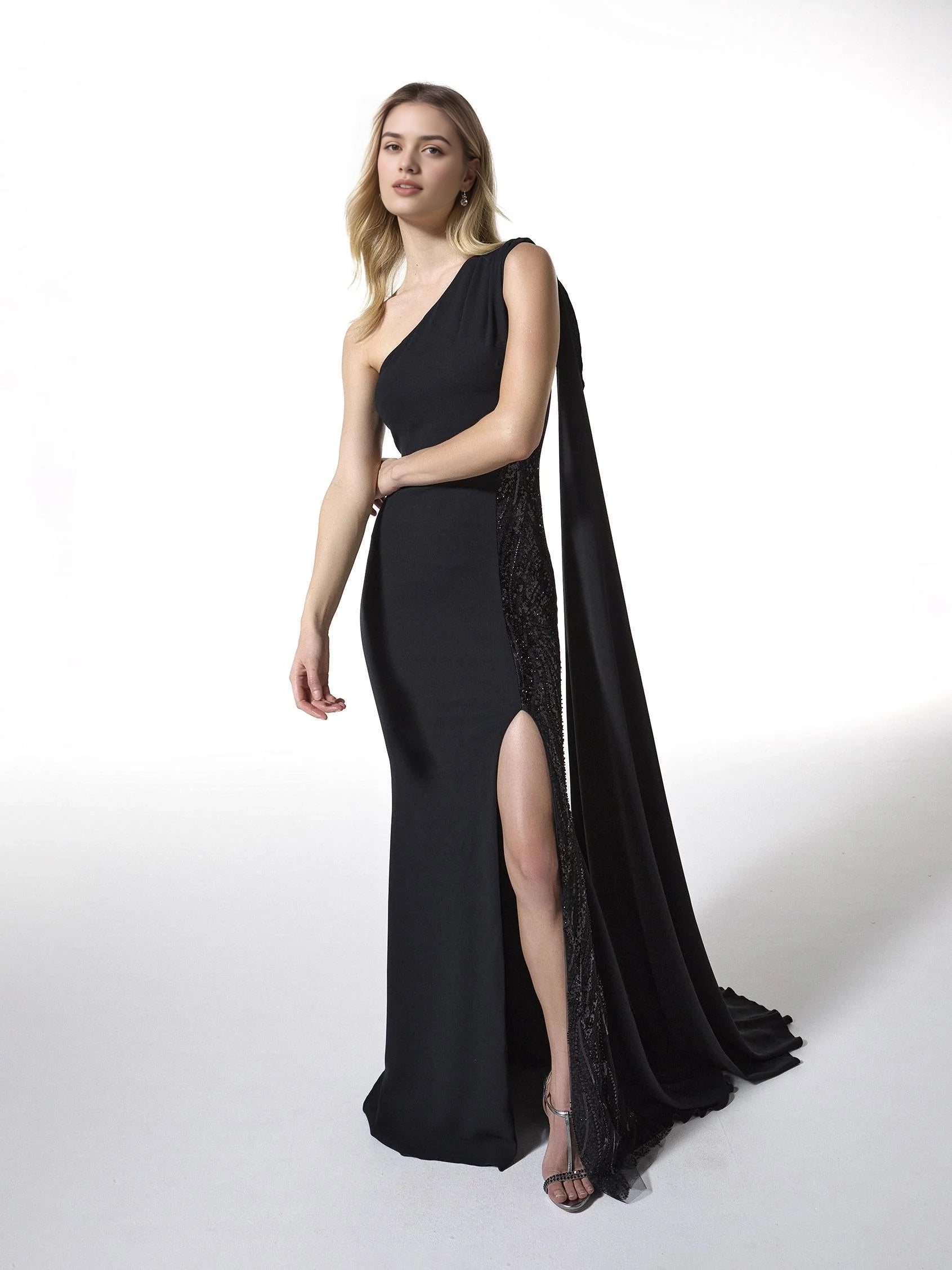 Black One-Shoulder Cape Maxi Dress with Sequin Side Asymmetrical neck mermaid party dress in crepe Bridesmaid Dresses