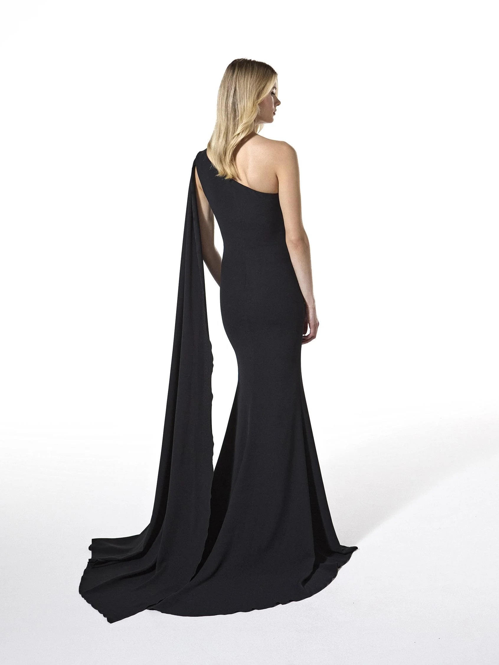 Black One-Shoulder Cape Maxi Dress with Sequin Side Asymmetrical neck mermaid party dress in crepe Bridesmaid Dresses