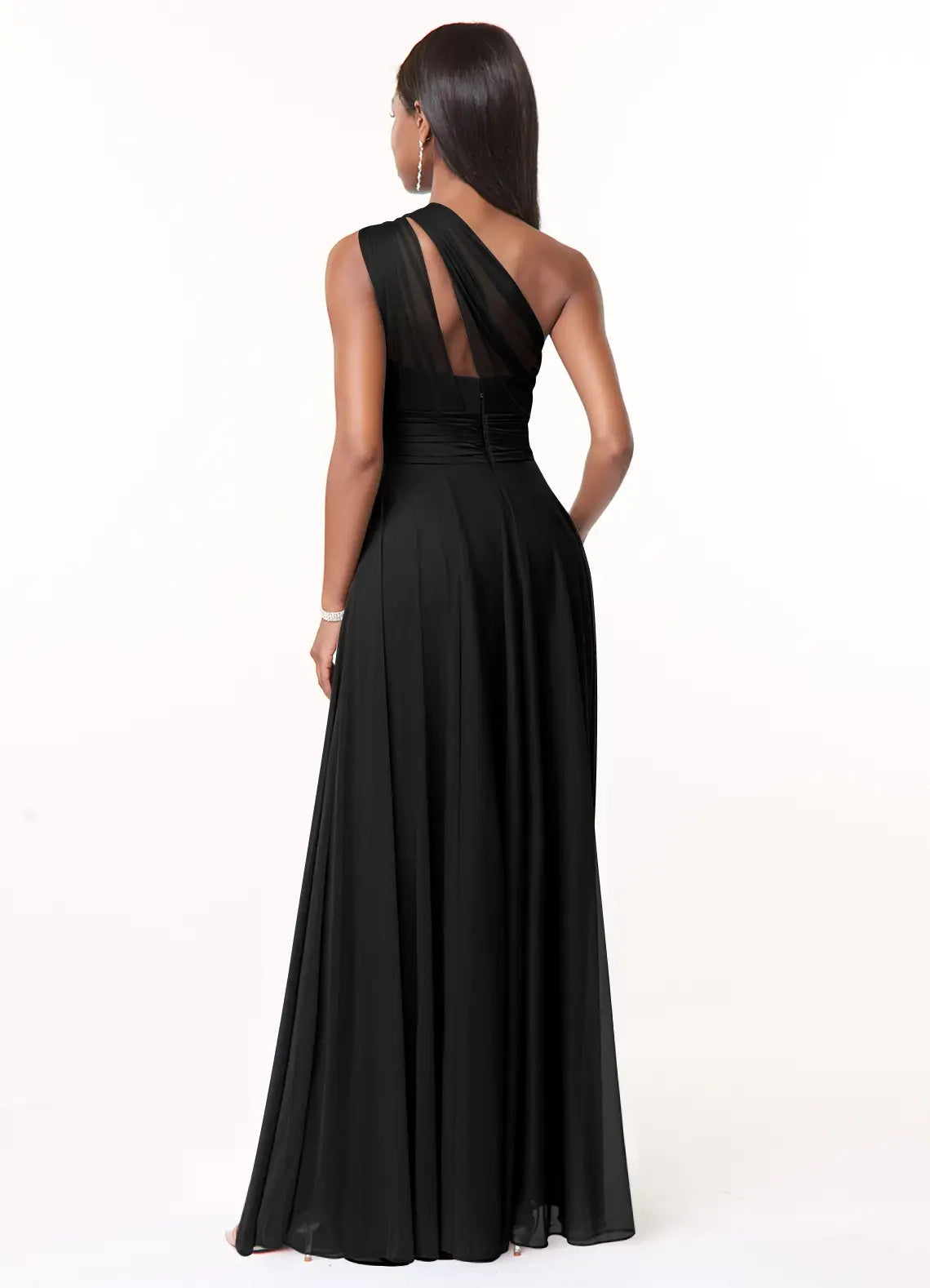 Black One-Shoulder Chiffon Maxi Dress with Sheer Detail A-Line One Shoulder Mesh Dress Bridesmaid Dresses
