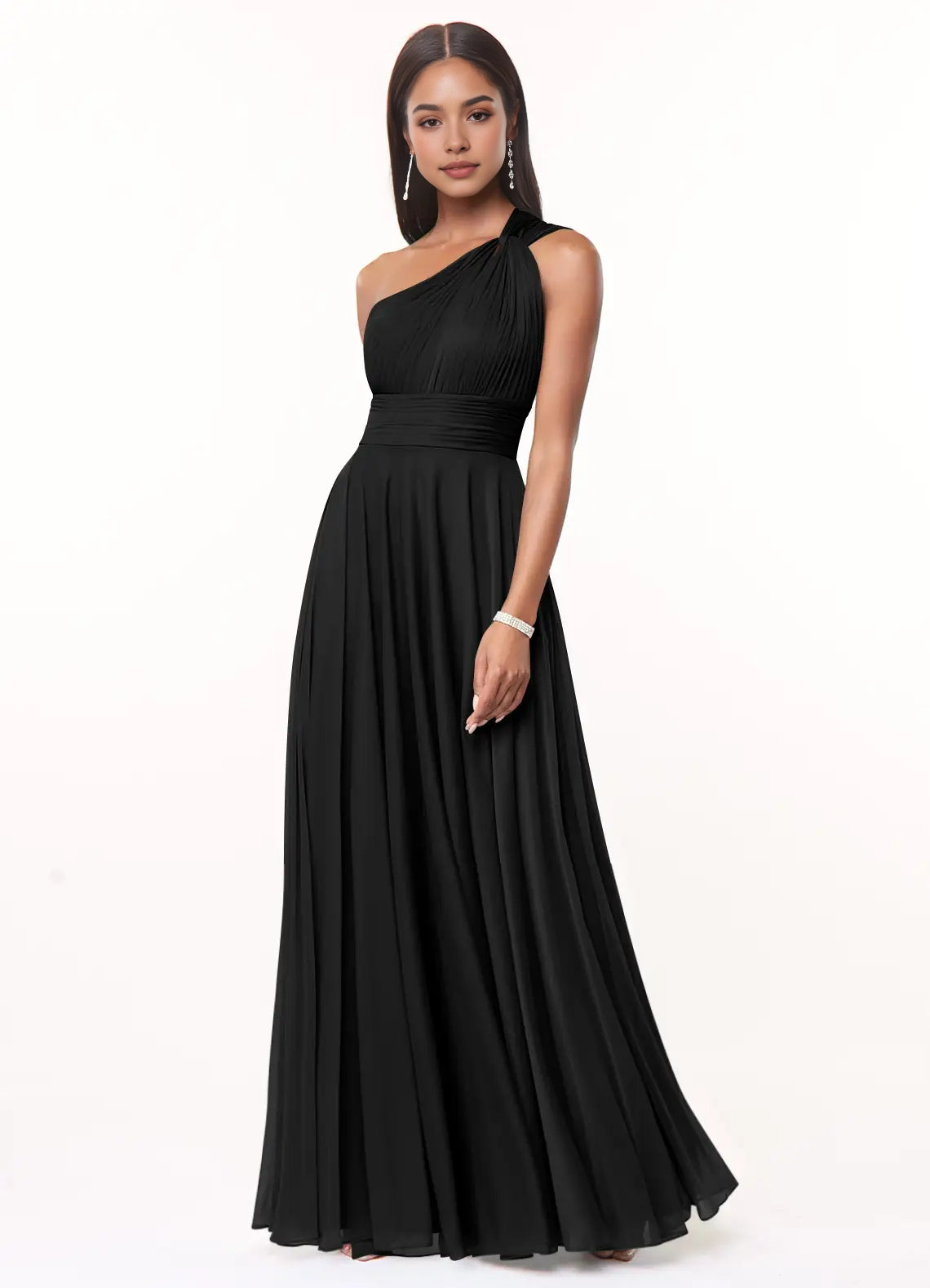 Black One-Shoulder Chiffon Maxi Dress with Sheer Detail A-Line One Shoulder Mesh Dress Bridesmaid Dresses