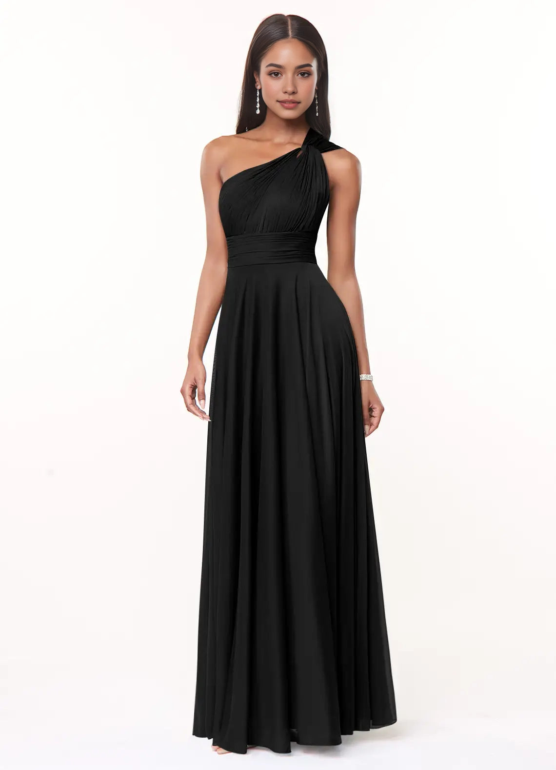 Black One-Shoulder Chiffon Maxi Dress with Sheer Detail A-Line One Shoulder Mesh Dress Bridesmaid Dresses