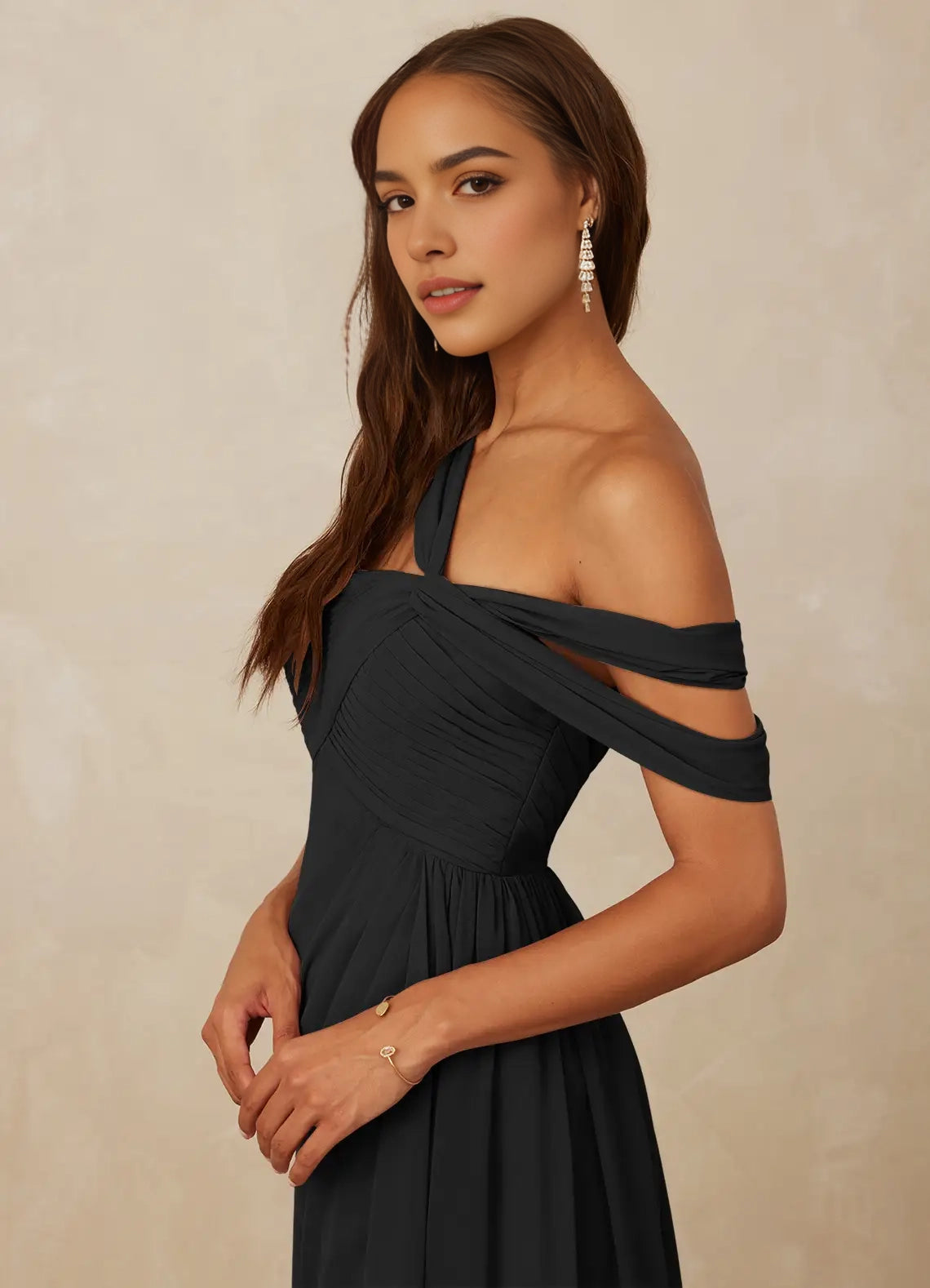 Black One-Shoulder Draped Maxi Dress with Side Slit A-Line Off the Shoulder Chiffon Dress Bridesmaid Dresses