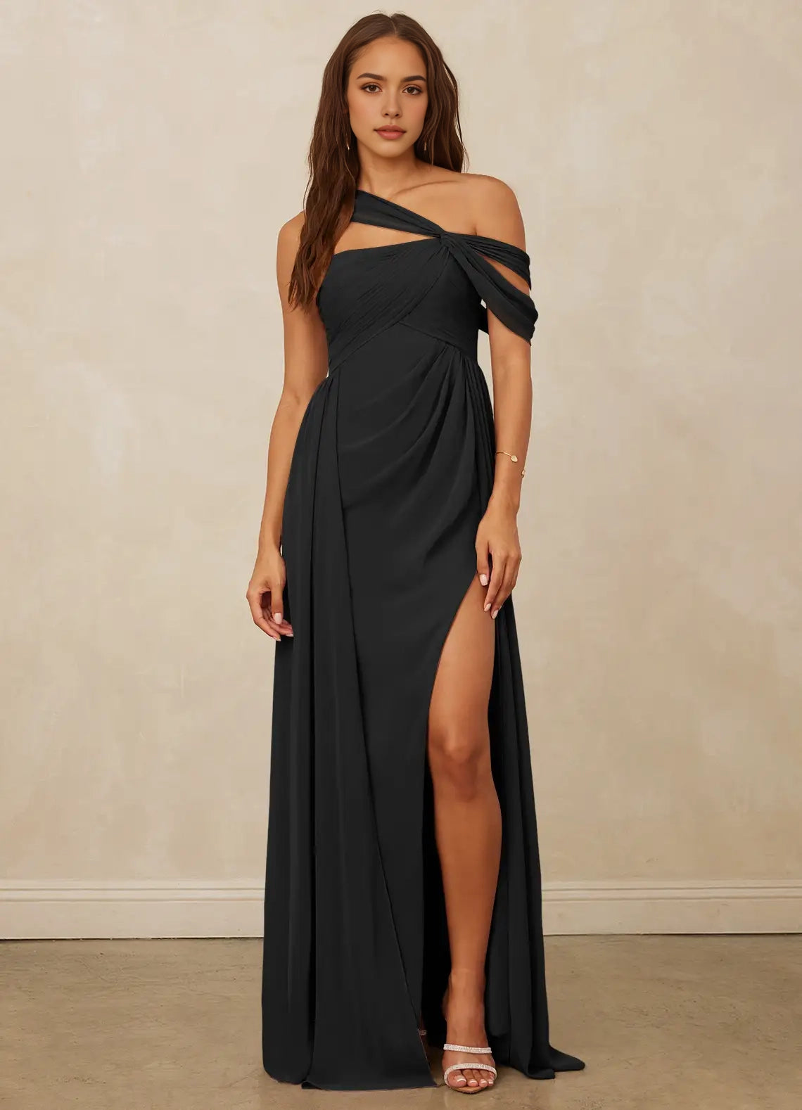 Black One-Shoulder Draped Maxi Dress with Side Slit A-Line Off the Shoulder Chiffon Dress Bridesmaid Dresses