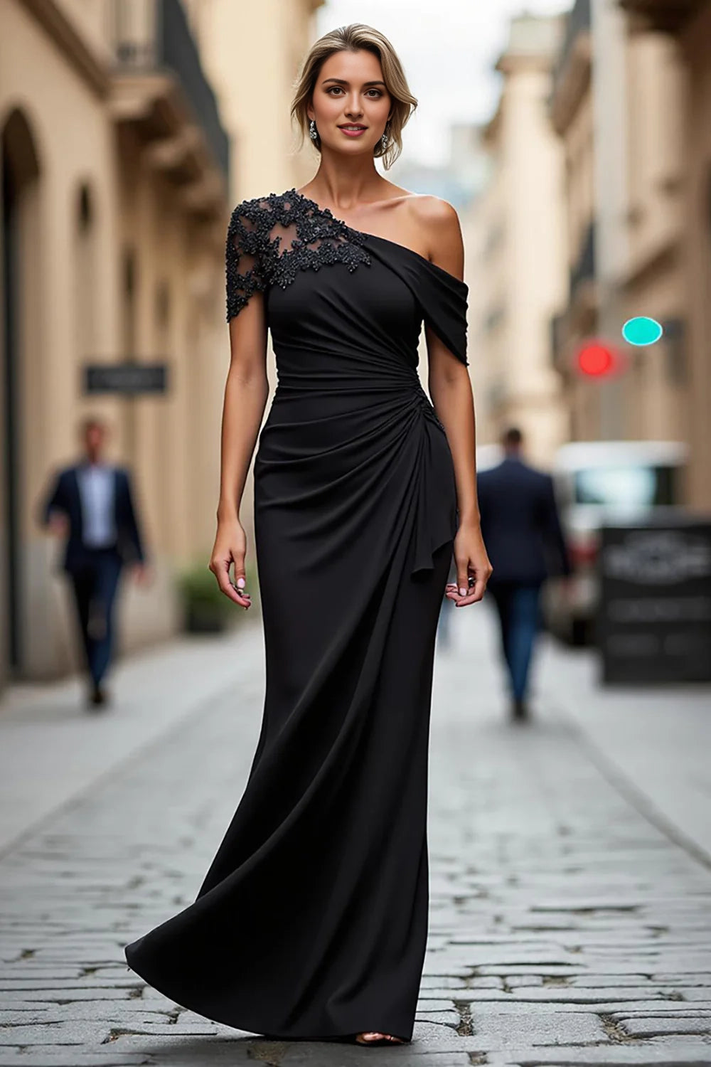 Black One - Shoulder Embellished Evening Gown Black Long Mermaid Asymmetrical Mother of the Bride Dress with Appliques Evening Dress