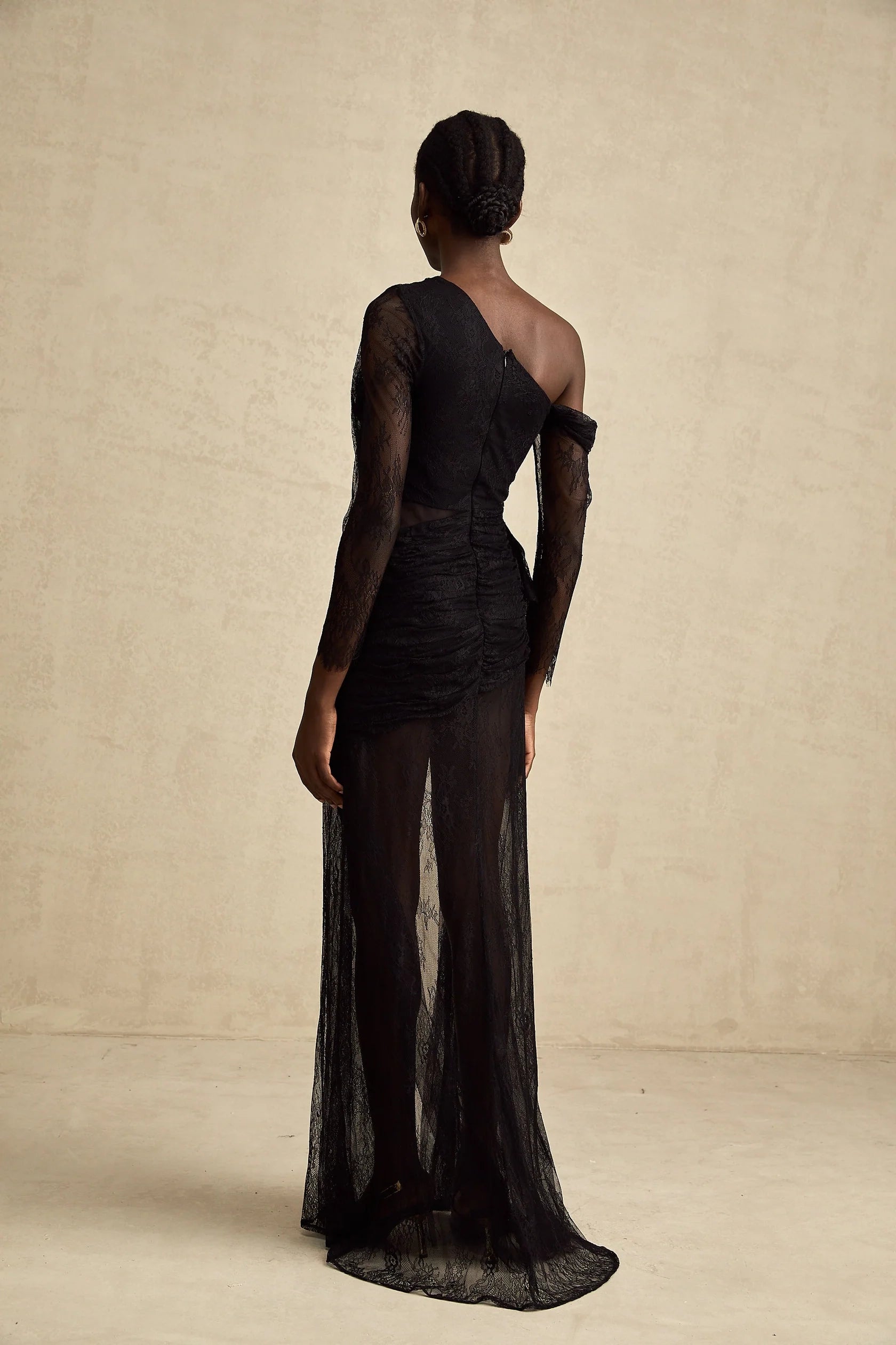 Black One - Shoulder Lace Ruched Maxi Dress black one-shoulder cut-out maxi dress Evening Dress