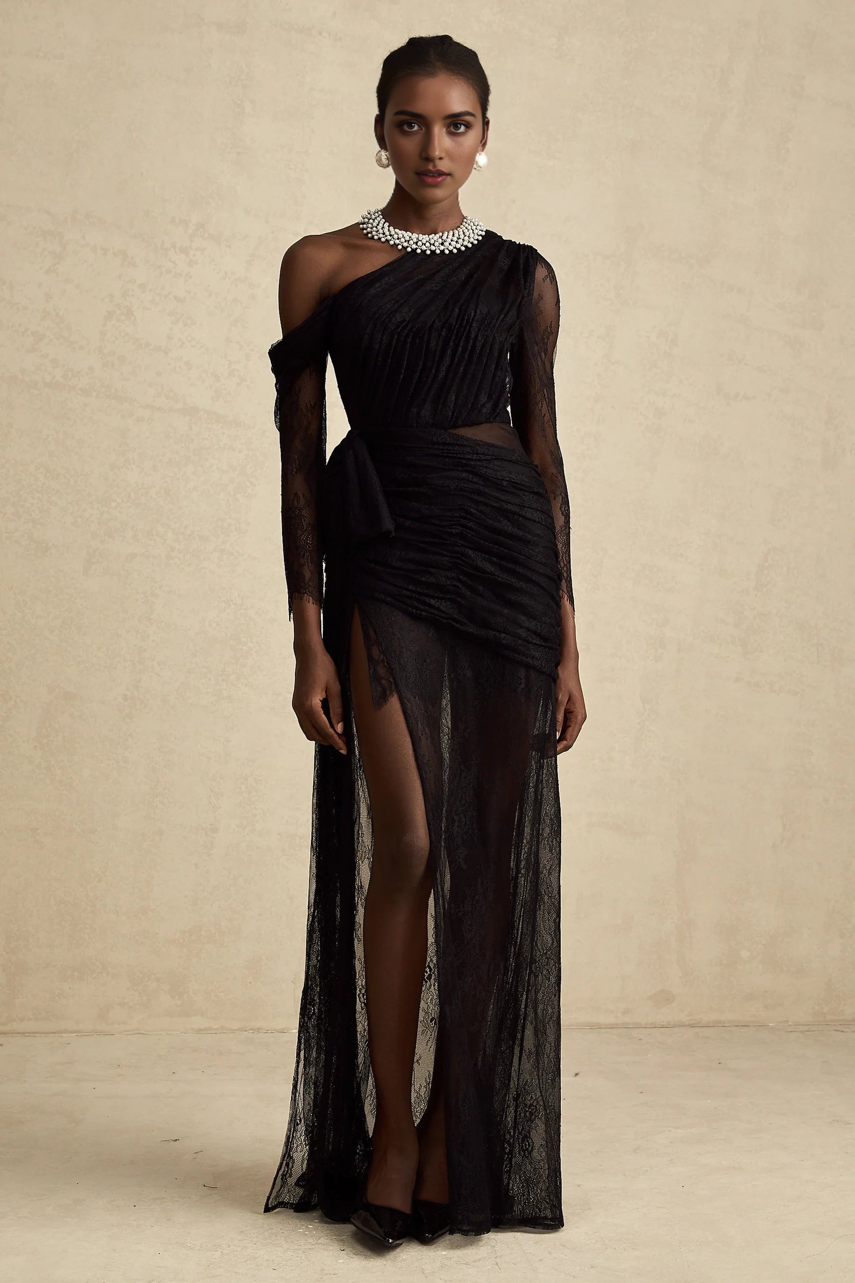 Black One - Shoulder Lace Ruched Maxi Dress black one-shoulder cut-out maxi dress Evening Dress