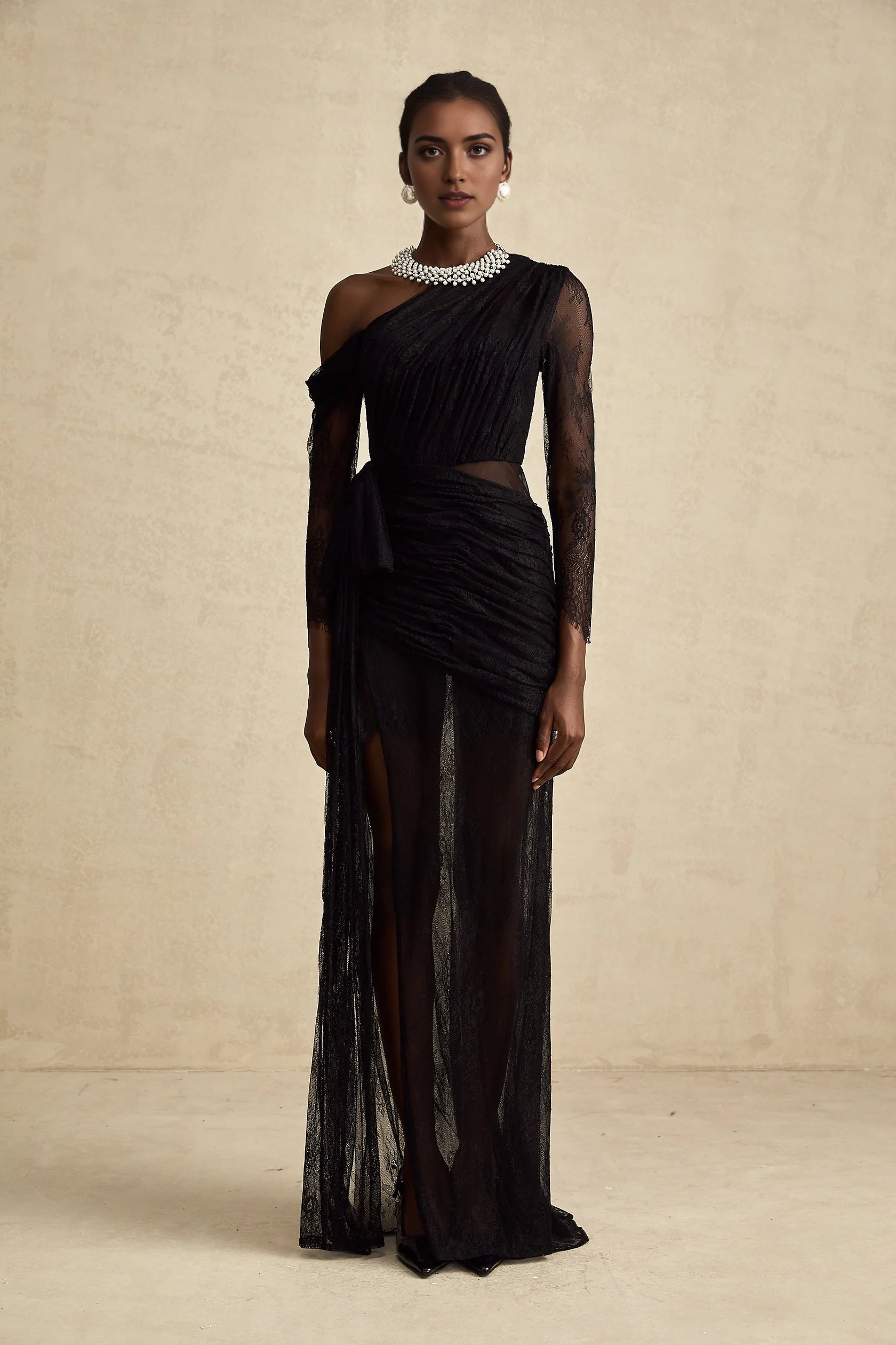 Black One - Shoulder Lace Ruched Maxi Dress black one-shoulder cut-out maxi dress Evening Dress