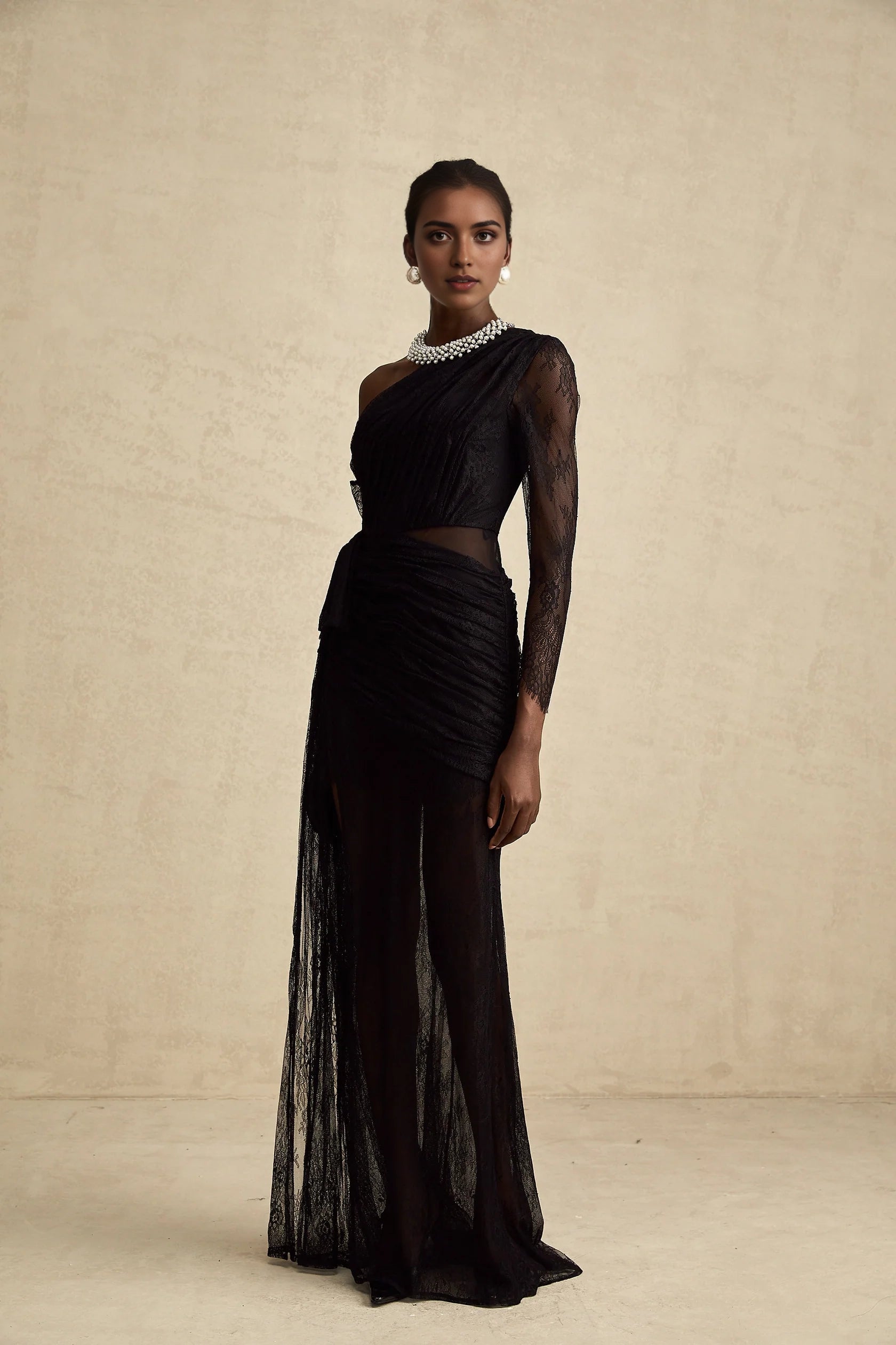 Black One - Shoulder Lace Ruched Maxi Dress black one-shoulder cut-out maxi dress Evening Dress