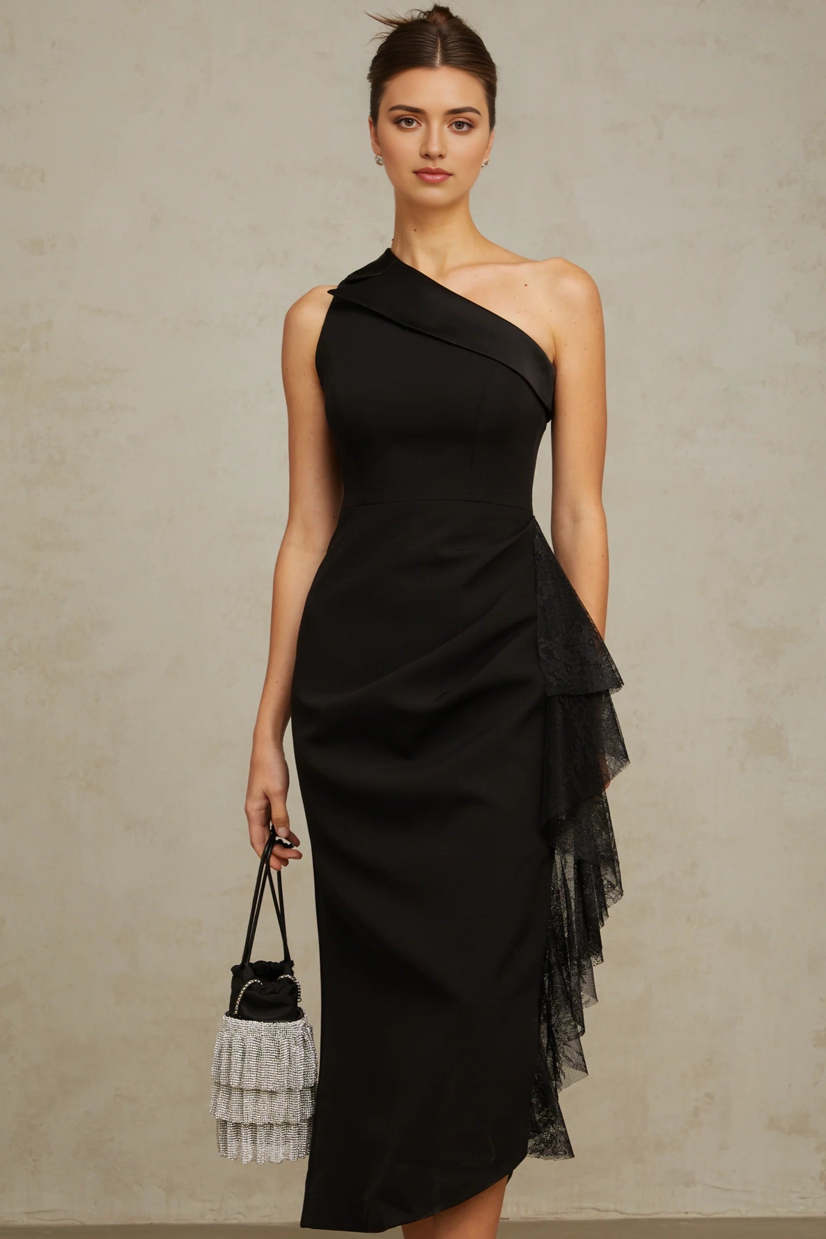 Black And Cream Contrast Midi Dress Bernadette black lace-panell asymmetrical midi dress Evening Dress