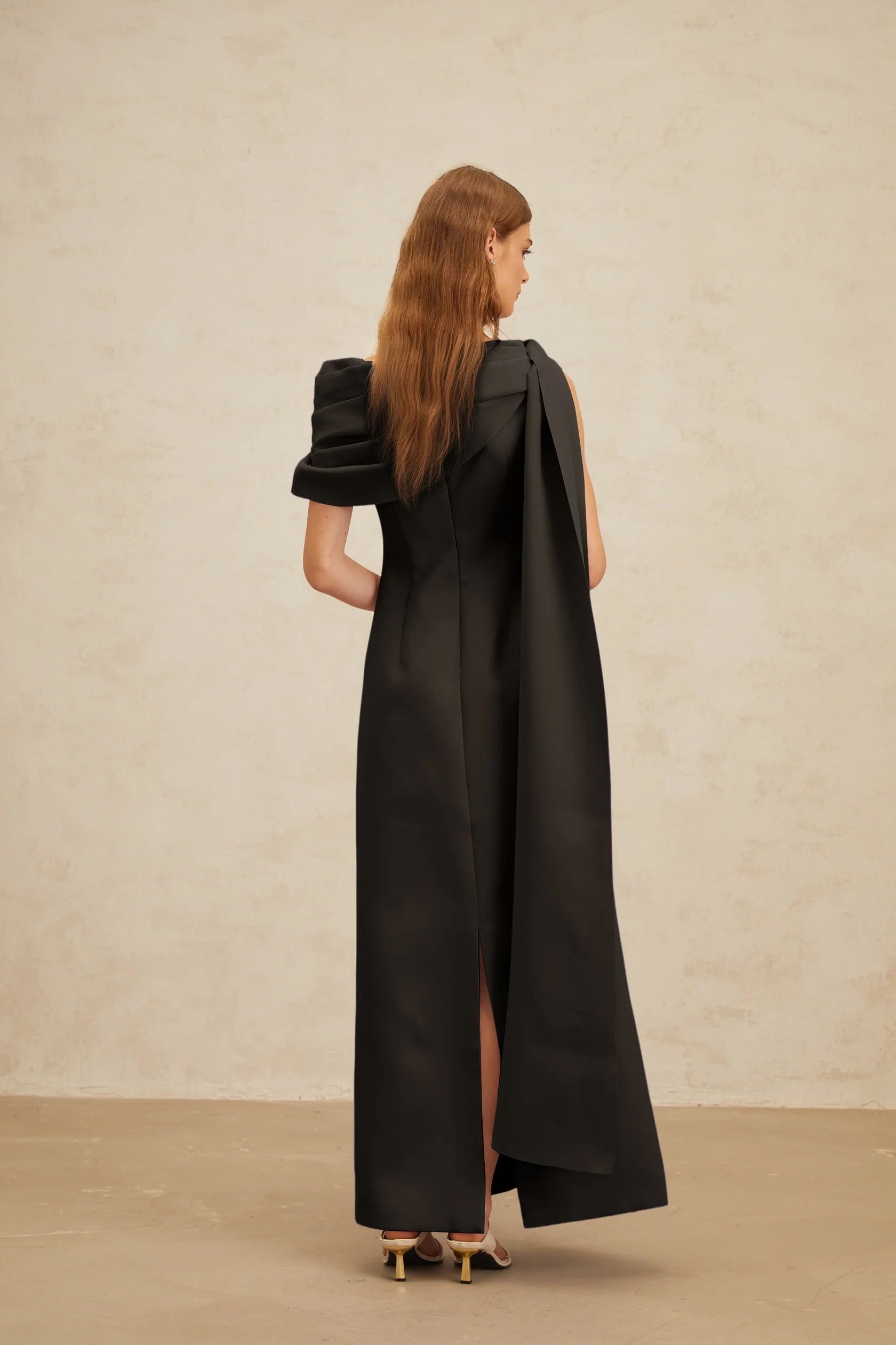 Black One - Shoulder Maxi Dress with Draped Cape Detail Black Cape-Design Ribbon Maxi Dress Evening Dress