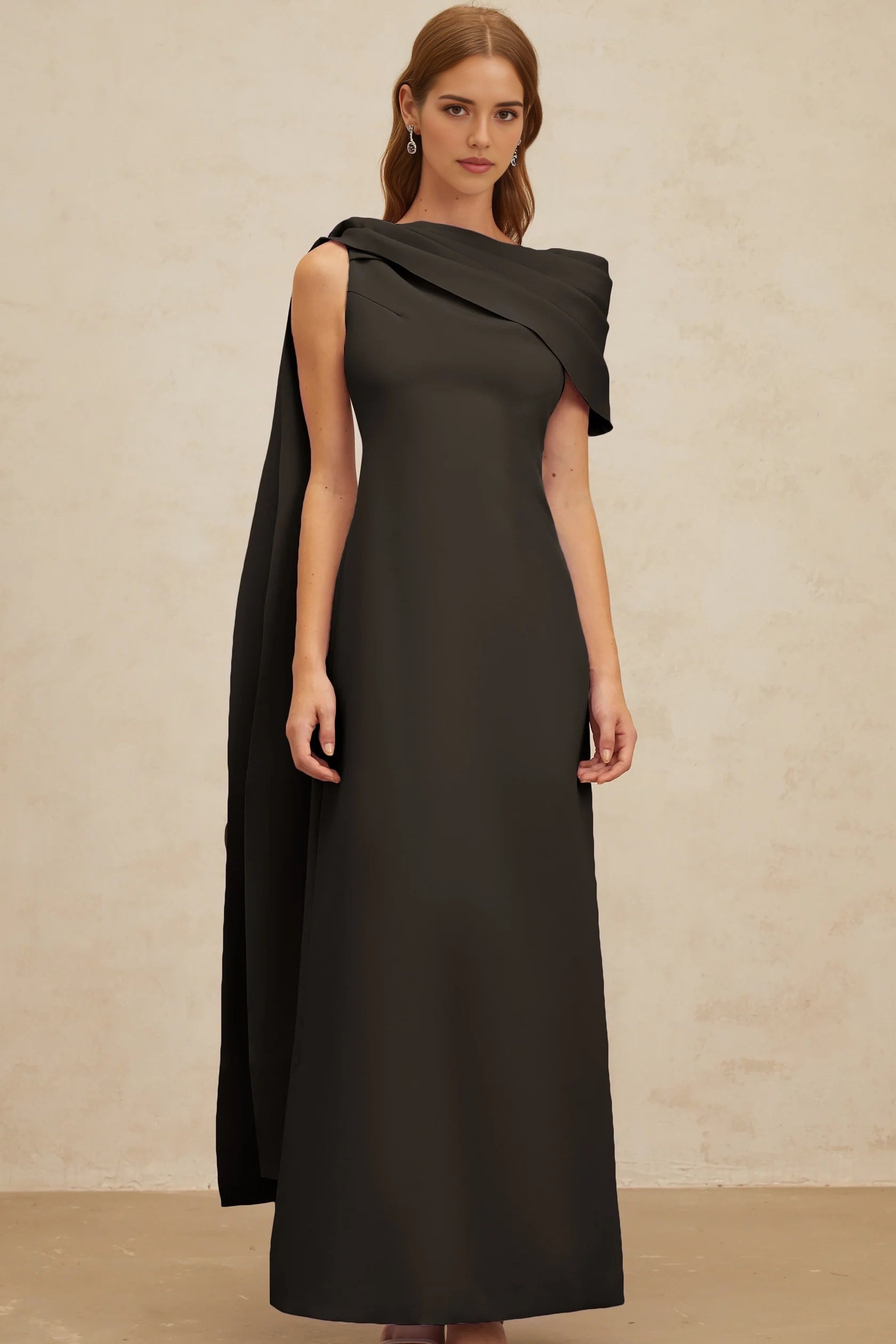 Black One - Shoulder Maxi Dress with Draped Cape Detail Black Cape-Design Ribbon Maxi Dress Evening Dress