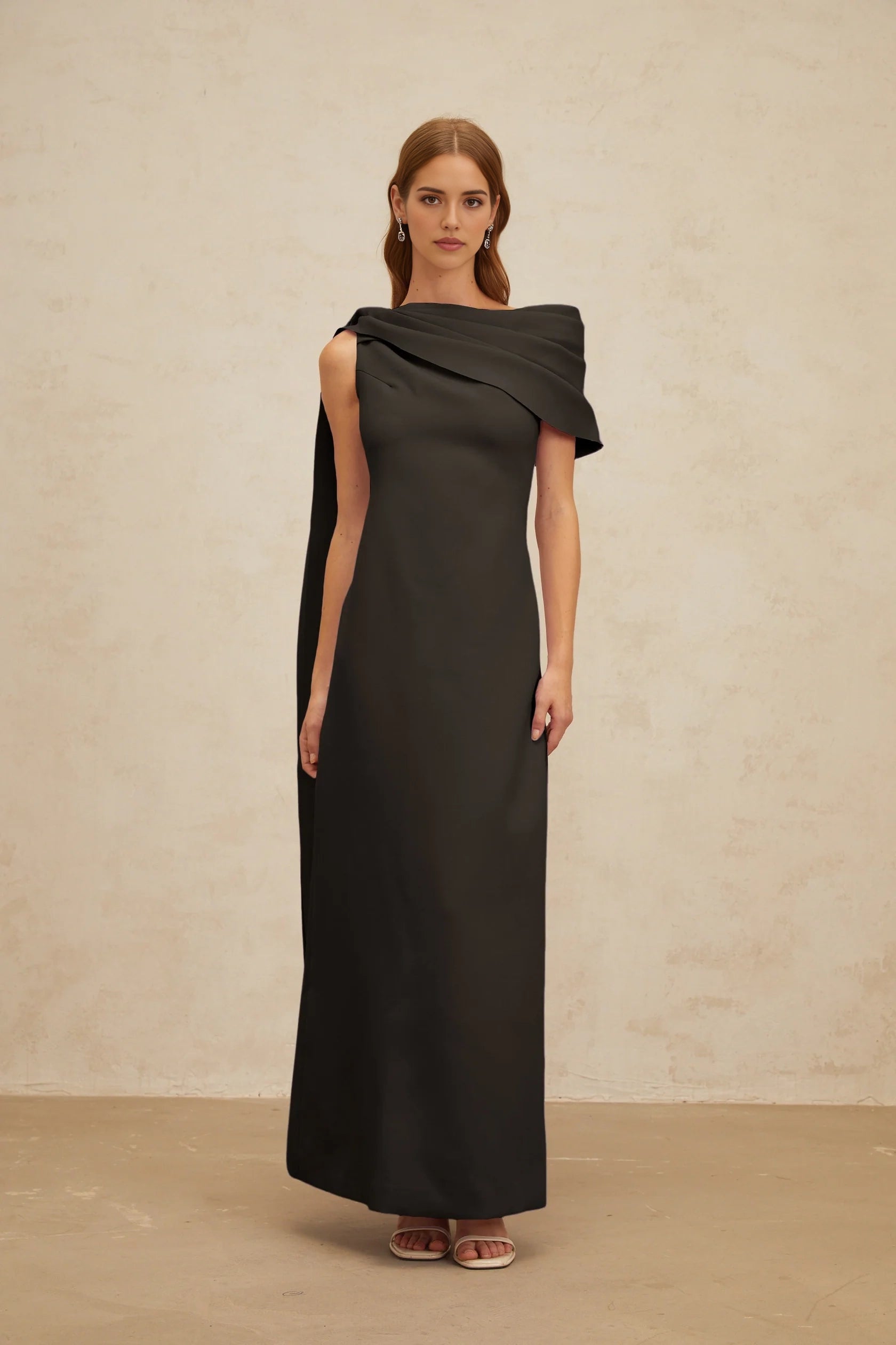 Black One - Shoulder Maxi Dress with Draped Cape Detail Black Cape-Design Ribbon Maxi Dress Evening Dress
