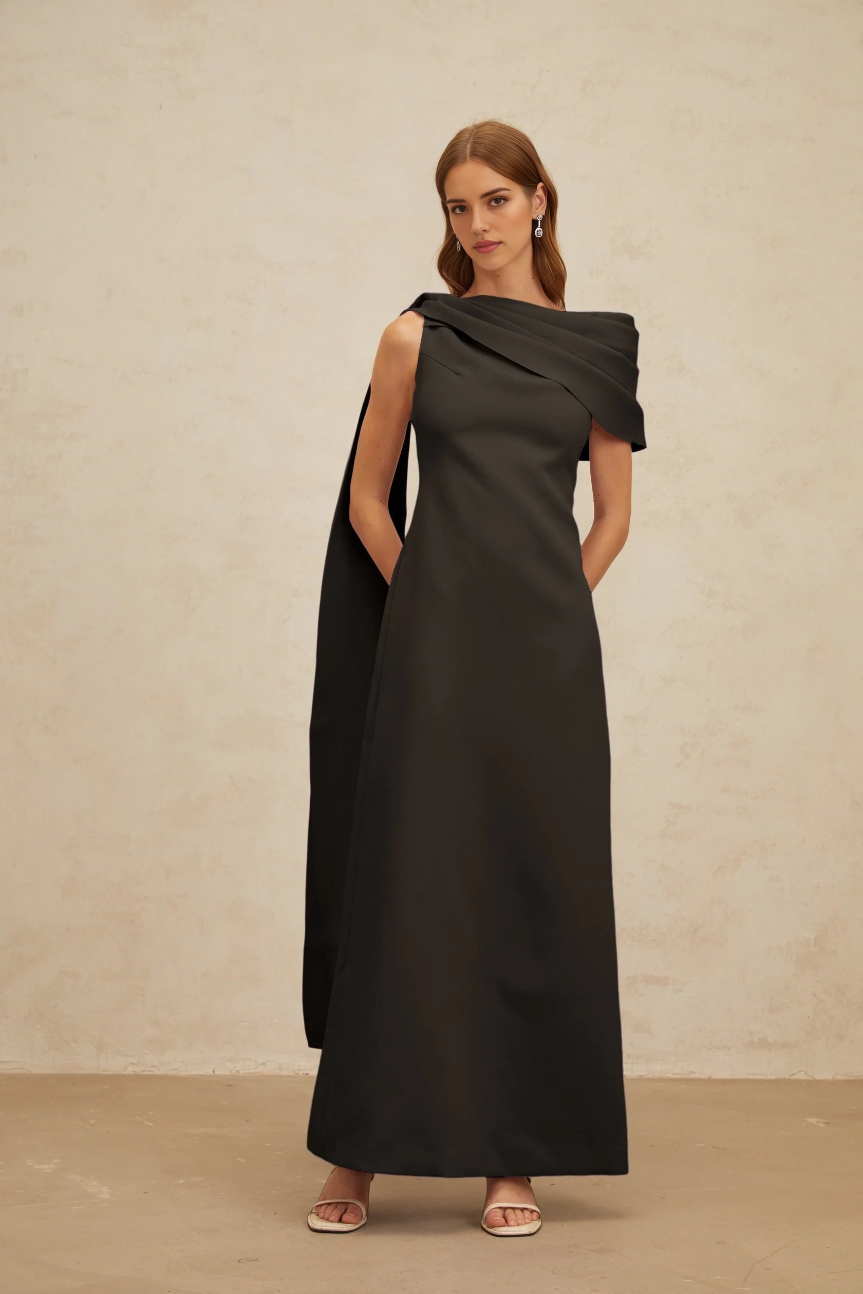 Black One - Shoulder Maxi Dress with Draped Cape Detail Black Cape-Design Ribbon Maxi Dress Evening Dress