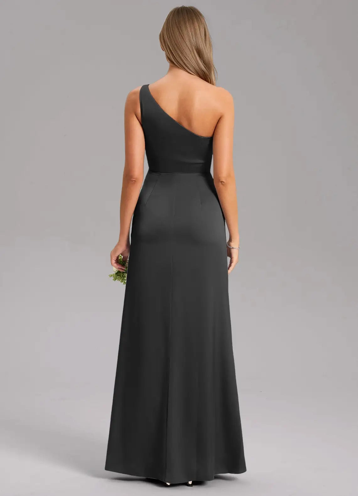 Black One-Shoulder Maxi Dress with Side Slit A-Line One Shoulder Stretch Satin Dress Bridesmaid Dresses