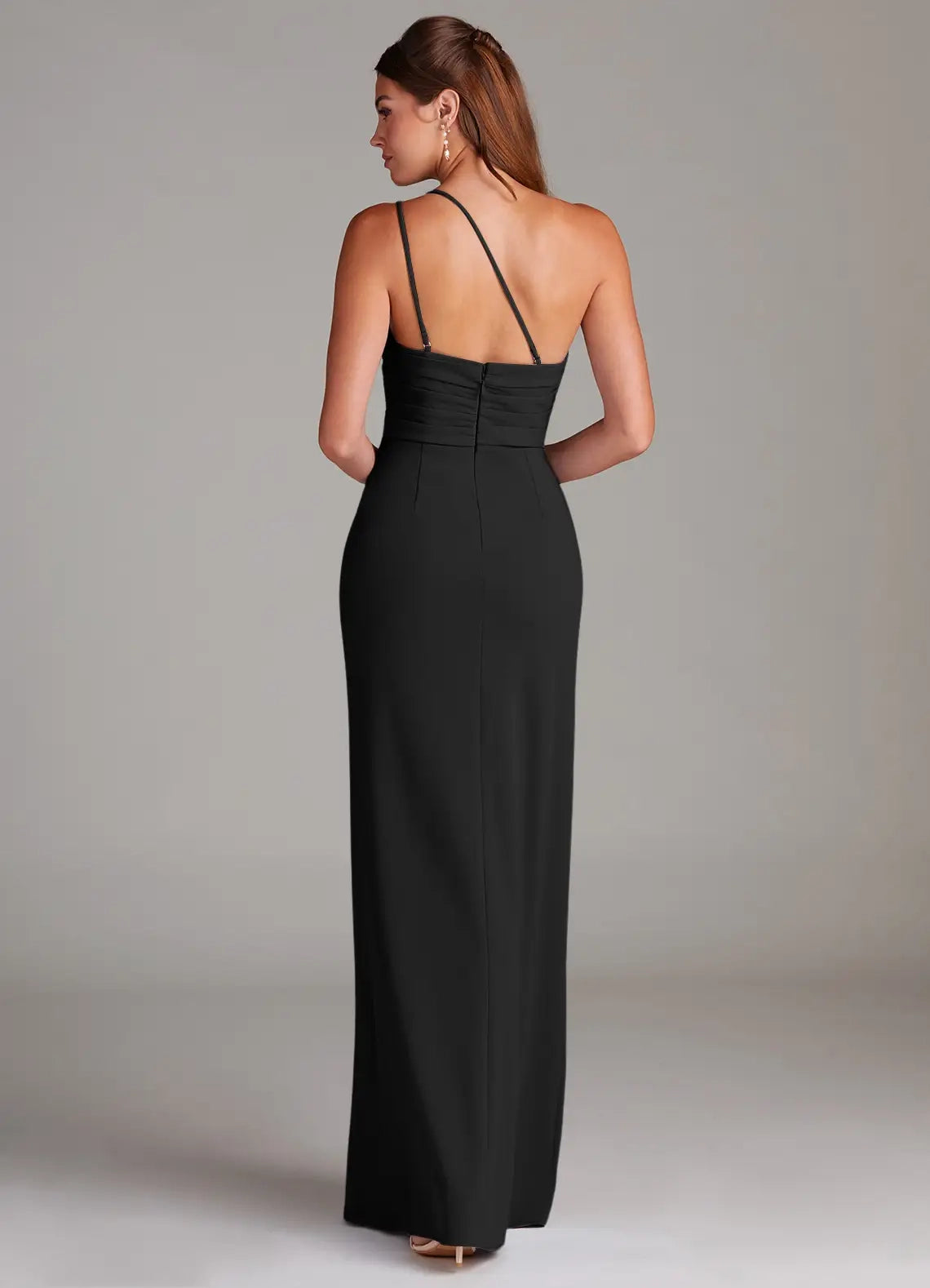 Black Sheath One Shoulder Stretch Crepe Dress Black One - Shoulder Maxi Dress with Side Slit Bridesmaid Dresses