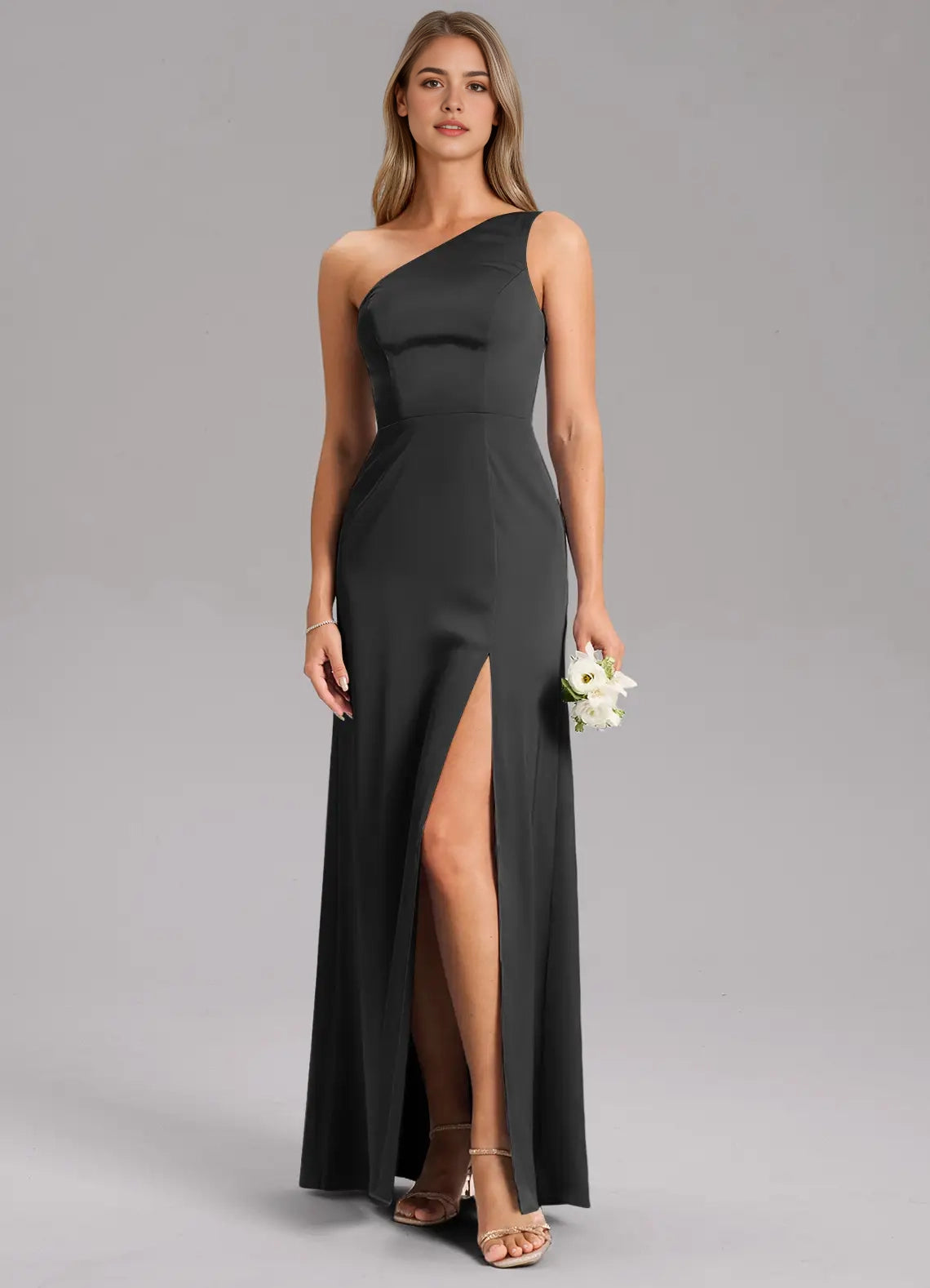 Black One-Shoulder Maxi Dress with Side Slit A-Line One Shoulder Stretch Satin Dress Bridesmaid Dresses