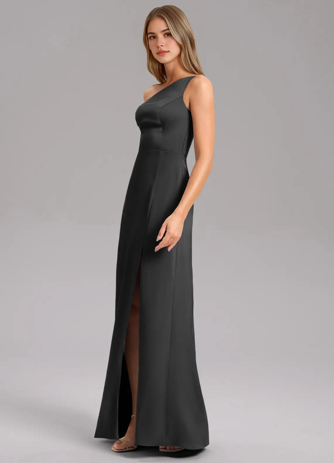 Black One-Shoulder Maxi Dress with Side Slit A-Line One Shoulder Stretch Satin Dress Bridesmaid Dresses