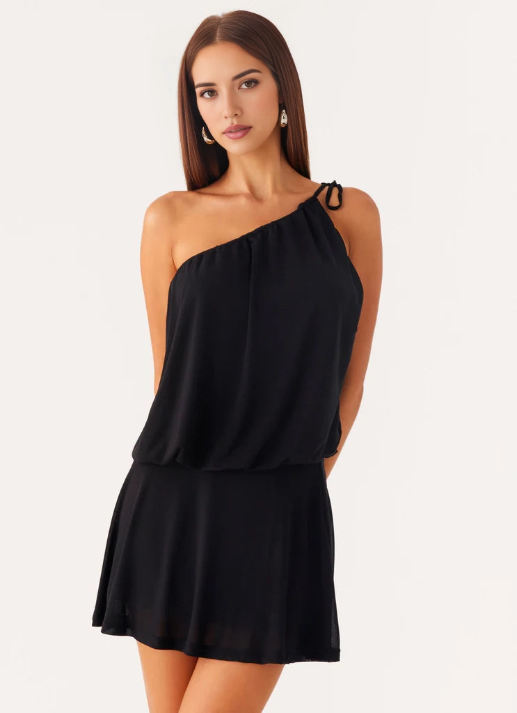 Black One - Shoulder Mini Dress with Flowy Silhouette - Asymmetrical neckline  Mini length Bridesmaid Dresses
