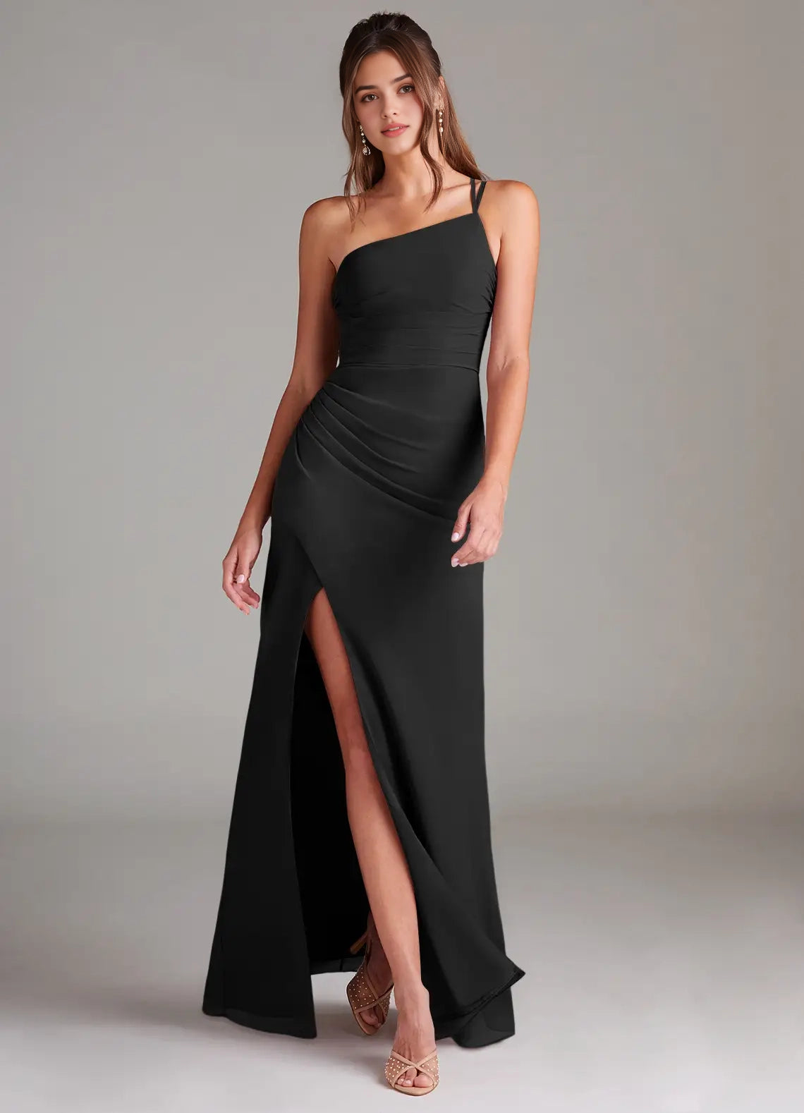 Black One-Shoulder Ruched Maxi Dress with Side Slit Black Sheath One Shoulder Chiffon Dress Bridesmaid Dresses