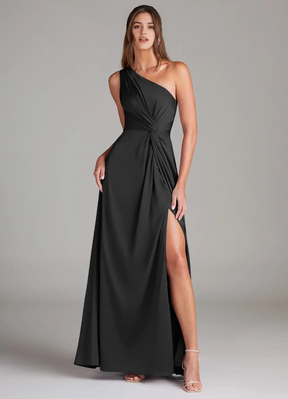 Black One-Shoulder Ruched Maxi Dress with Side Slit Black A-Line One Shoulder Stretch Satin Dress Bridesmaid Dresses