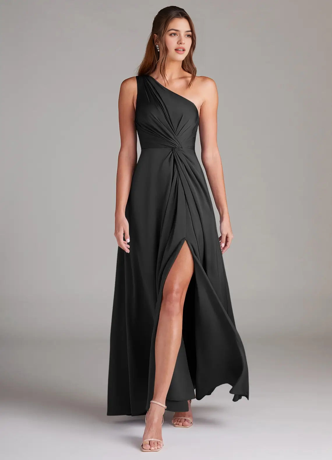Black One-Shoulder Ruched Maxi Dress with Side Slit Black A-Line One Shoulder Stretch Satin Dress Bridesmaid Dresses