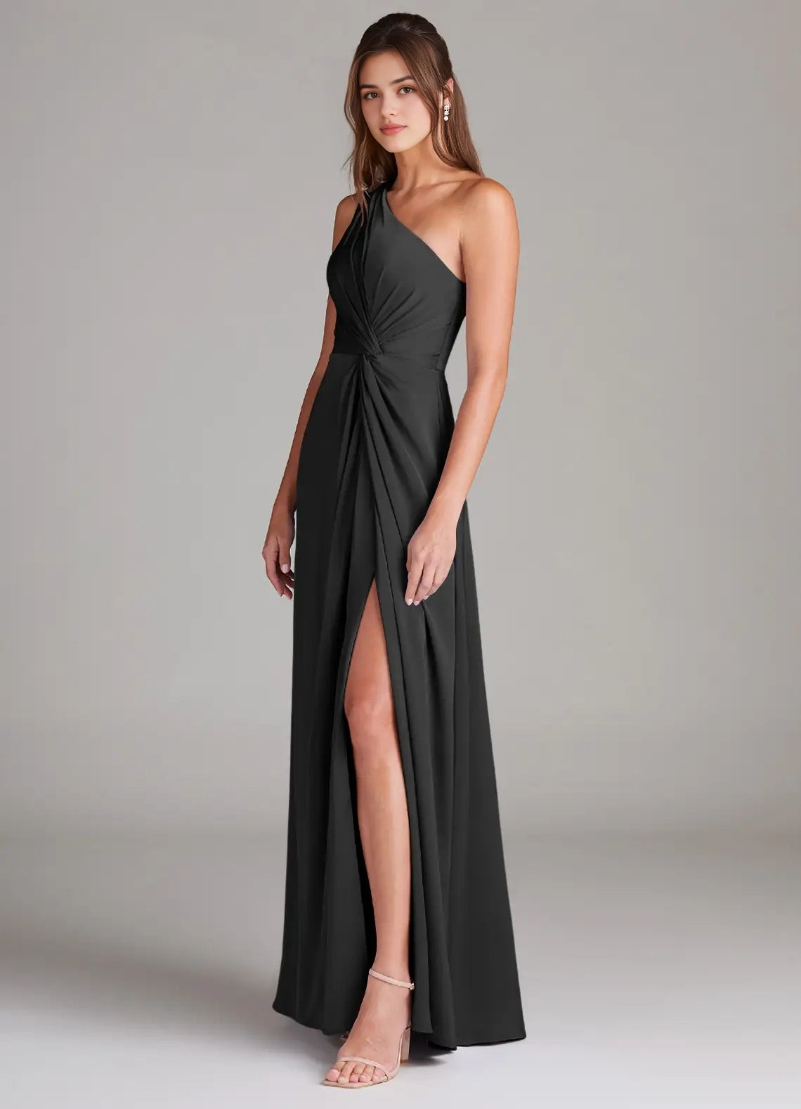 Black One-Shoulder Ruched Maxi Dress with Side Slit Black A-Line One Shoulder Stretch Satin Dress Bridesmaid Dresses