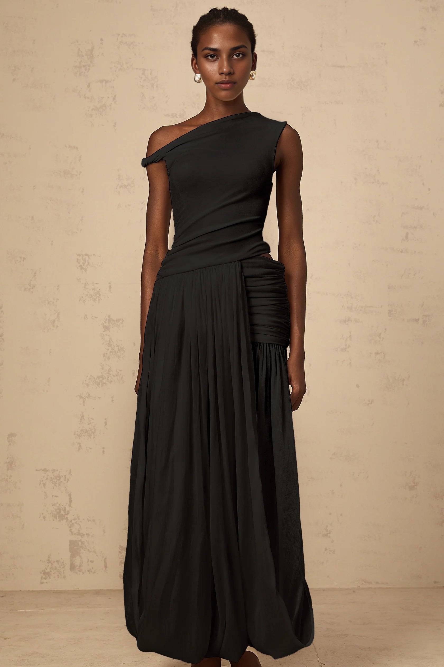 Black One - Shoulder Ruched Maxi Dress mono-shoulder shirred-panel maxi dress in Black Evening Dress