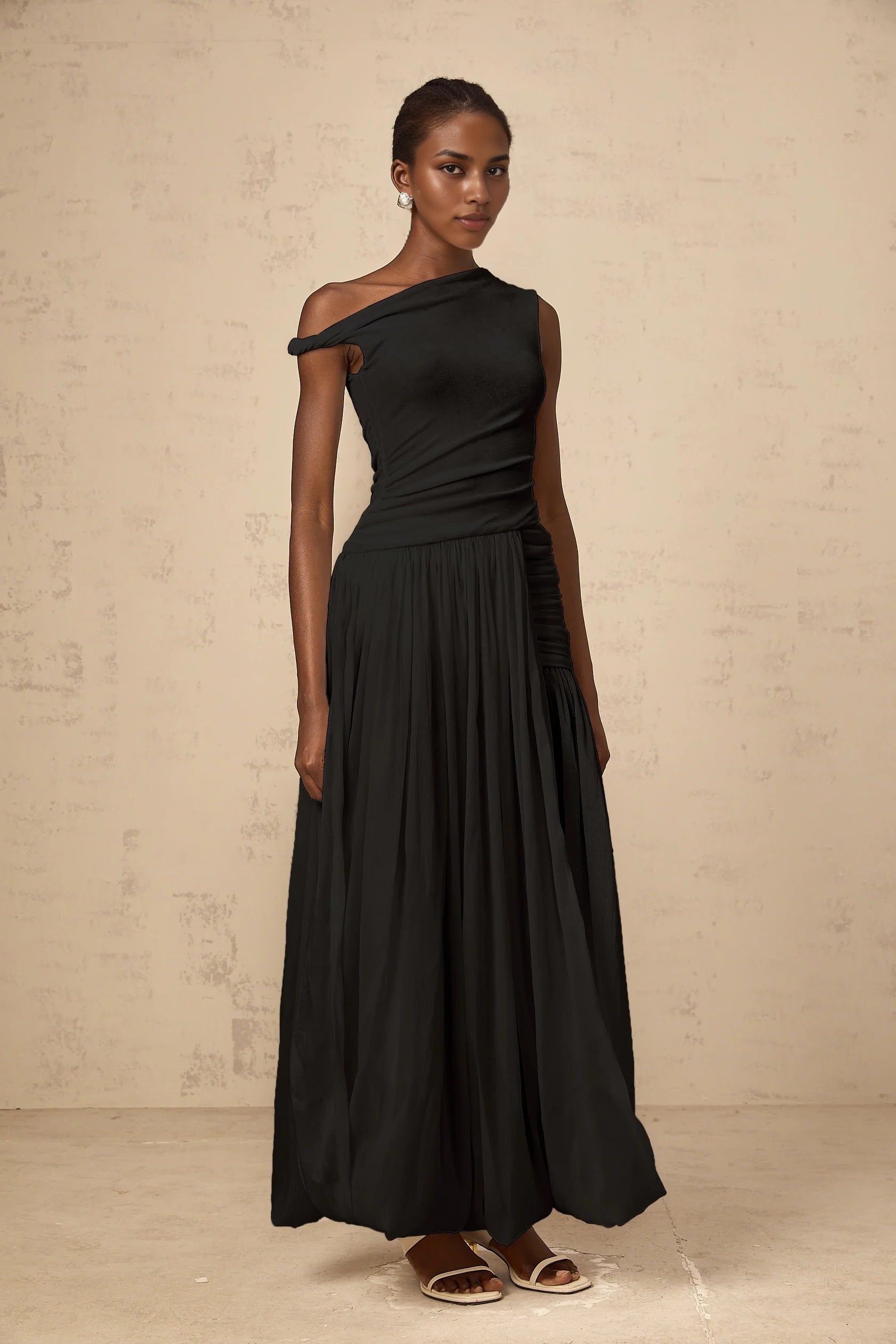 Black One - Shoulder Ruched Maxi Dress mono-shoulder shirred-panel maxi dress in Black Evening Dress