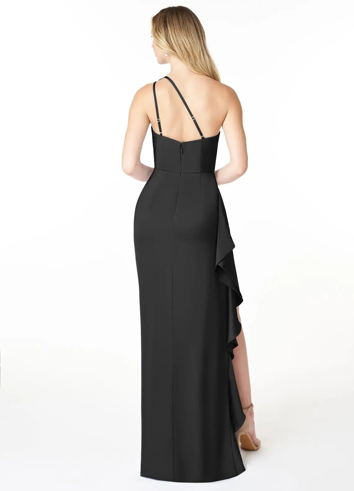 Black One-Shoulder Ruffled Maxi Dress with Side Slit Sheath One Shoulder Cascading Ruffles Stretch Satin Dress Bridesmaid Dresses