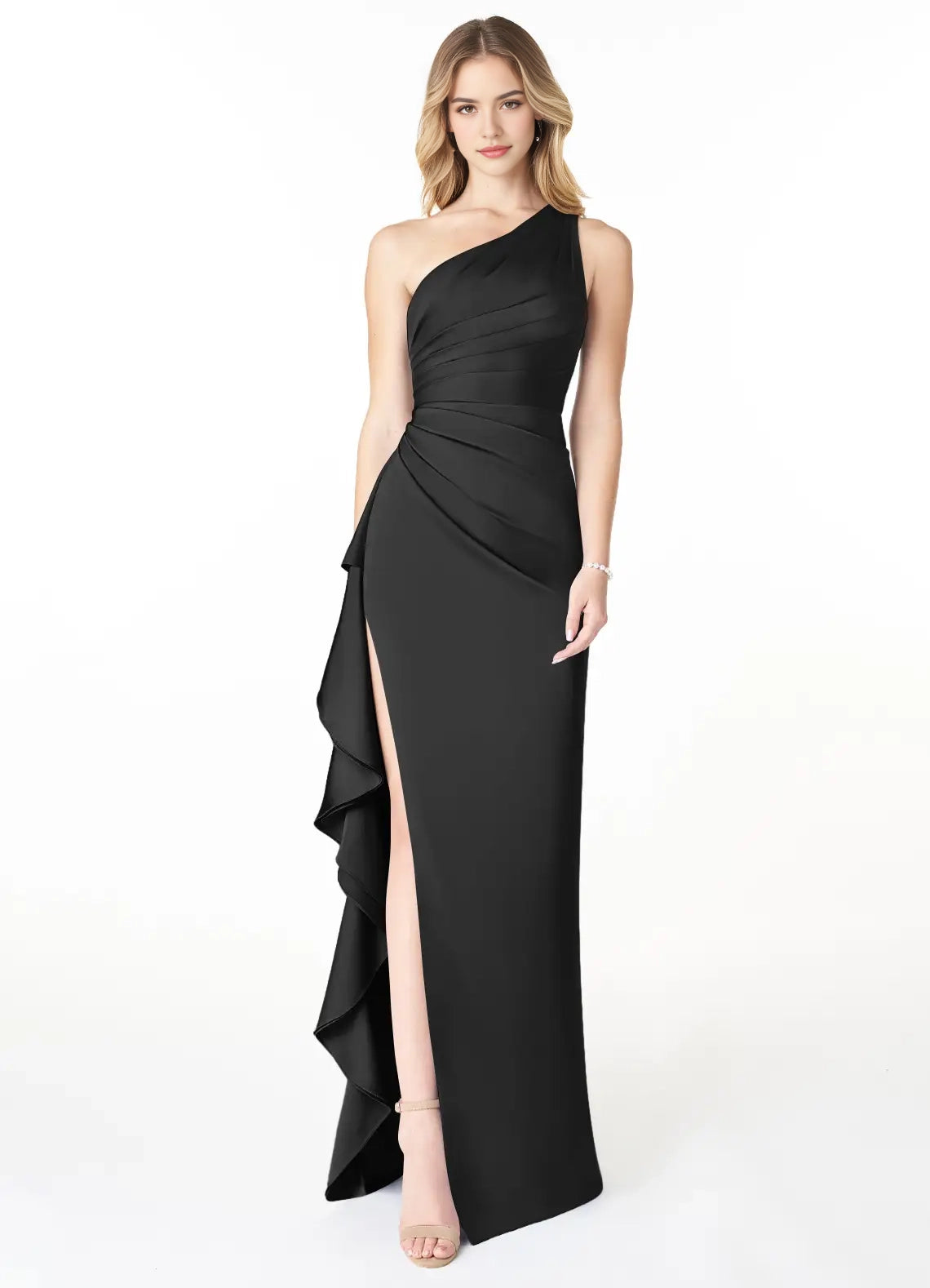 Black One-Shoulder Ruffled Maxi Dress with Side Slit Sheath One Shoulder Cascading Ruffles Stretch Satin Dress Bridesmaid Dresses