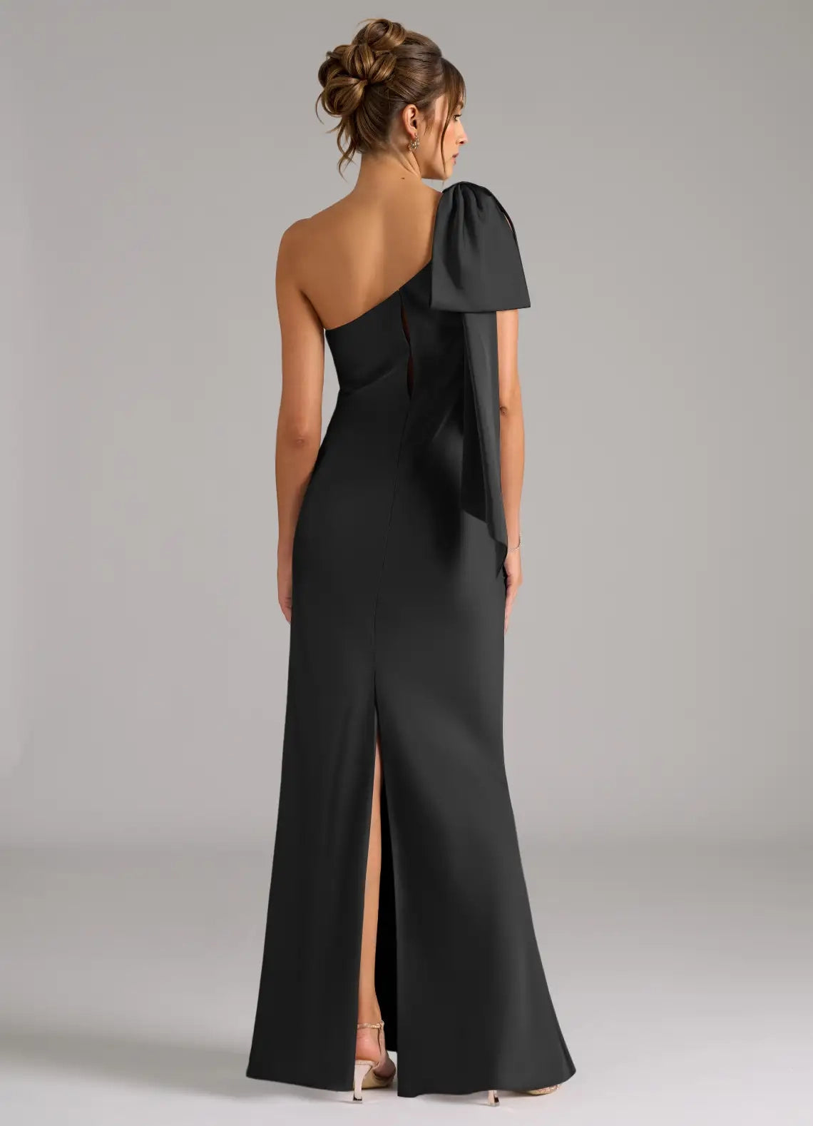 Black One - Shoulder Satin Maxi Dress with Bow Detail and Back Slit Black Mermaid One Shoulder Stretch Satin Dress Bridesmaid Dresses