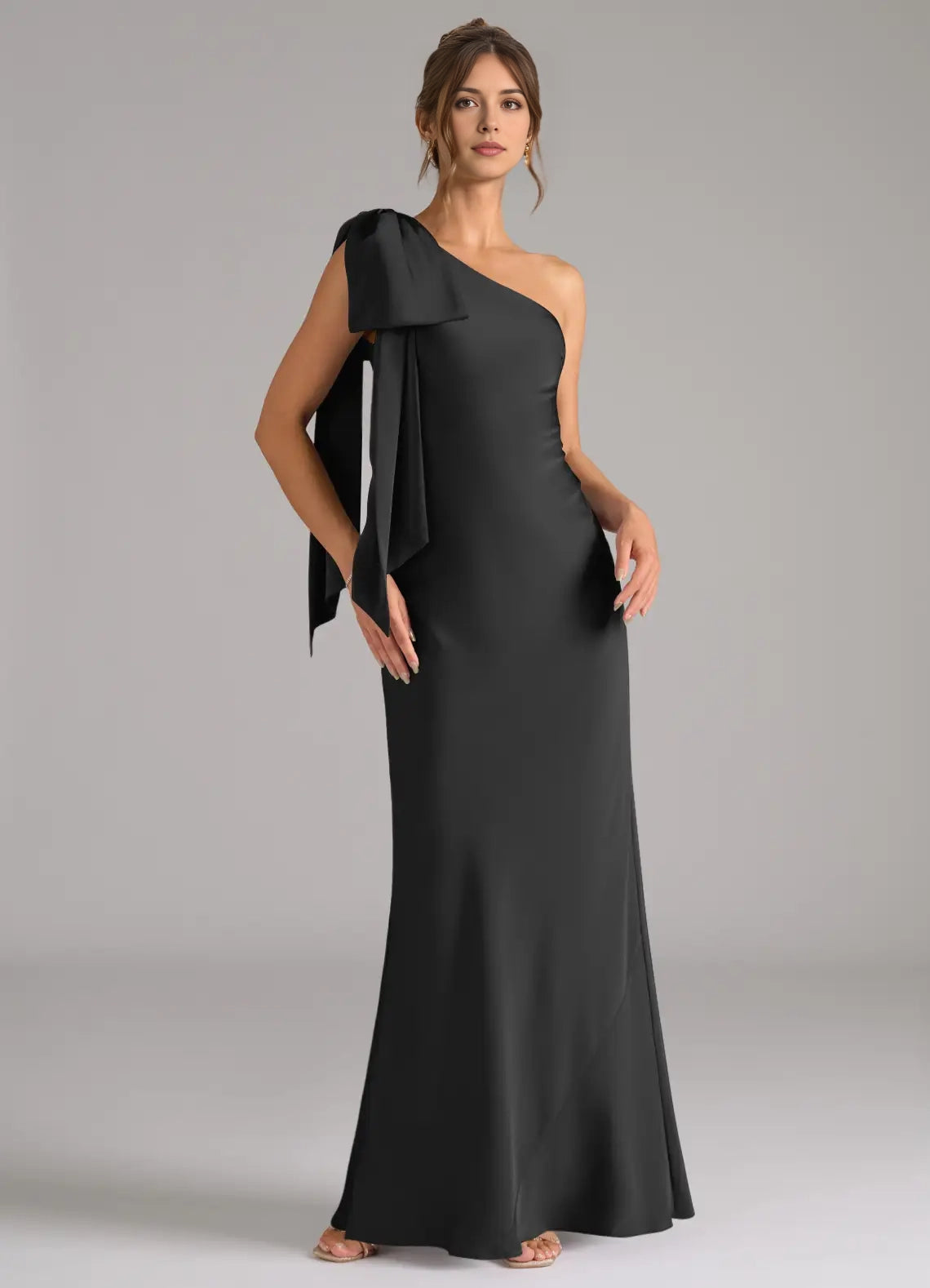 Black One - Shoulder Satin Maxi Dress with Bow Detail and Back Slit Black Mermaid One Shoulder Stretch Satin Dress Bridesmaid Dresses