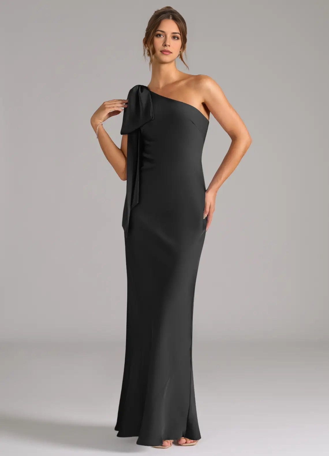 Black One - Shoulder Satin Maxi Dress with Bow Detail and Back Slit Black Mermaid One Shoulder Stretch Satin Dress Bridesmaid Dresses