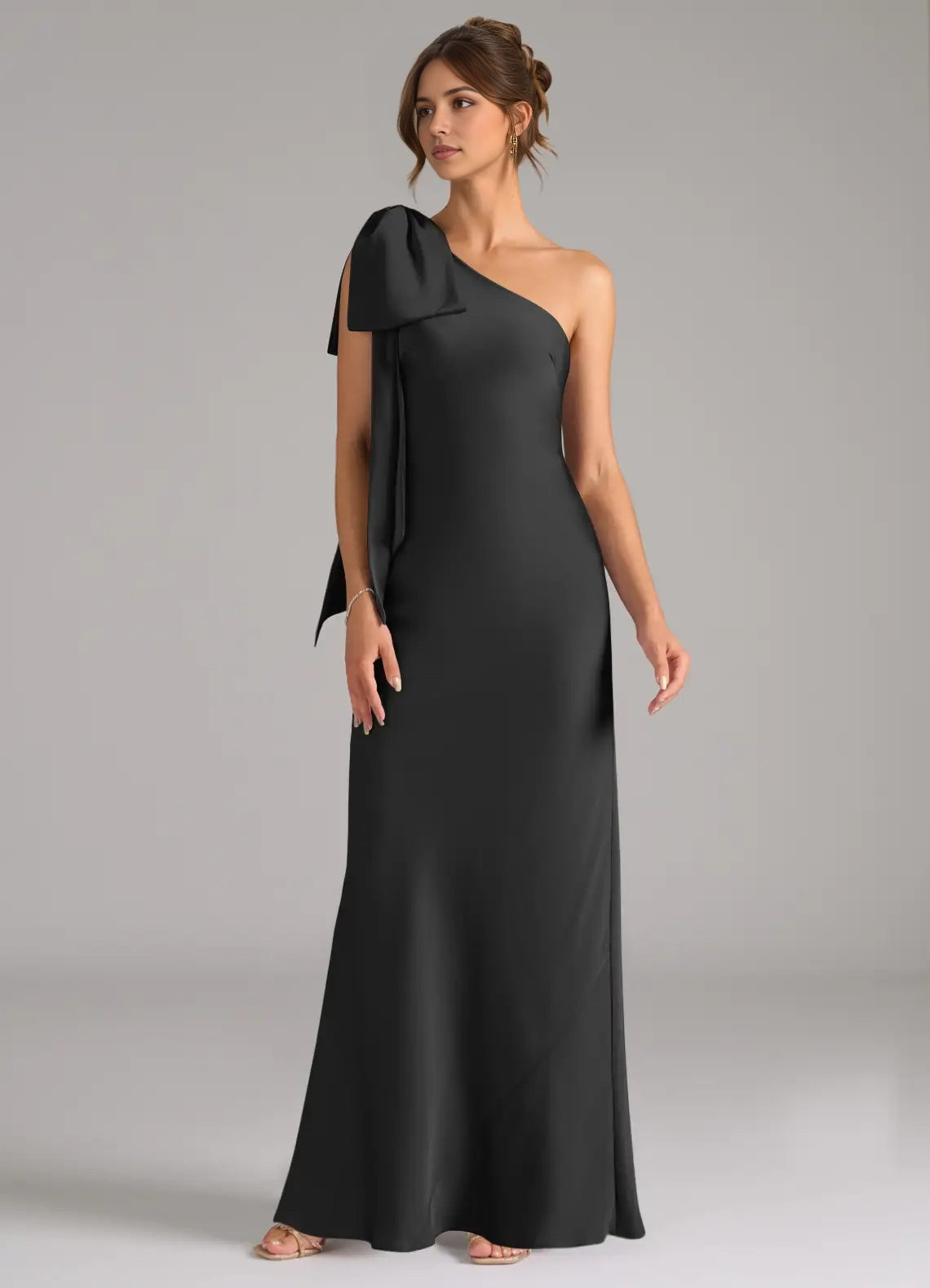 Black One - Shoulder Satin Maxi Dress with Bow Detail and Back Slit Black Mermaid One Shoulder Stretch Satin Dress Bridesmaid Dresses