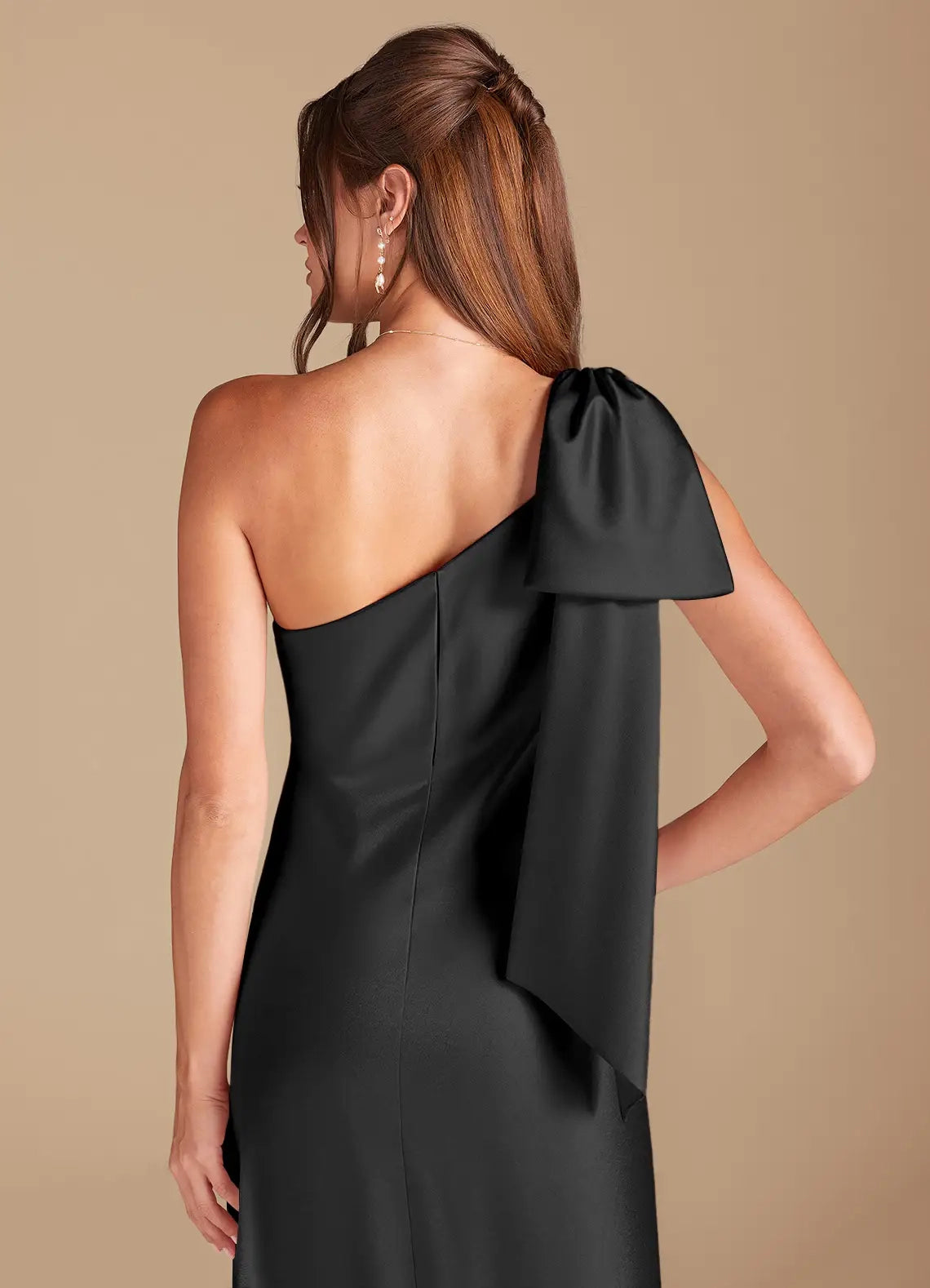 Black One-Shoulder Satin Maxi Dress with Bow Detail Sheath One Shoulder Metallic Satin Dress Bridesmaid Dresses